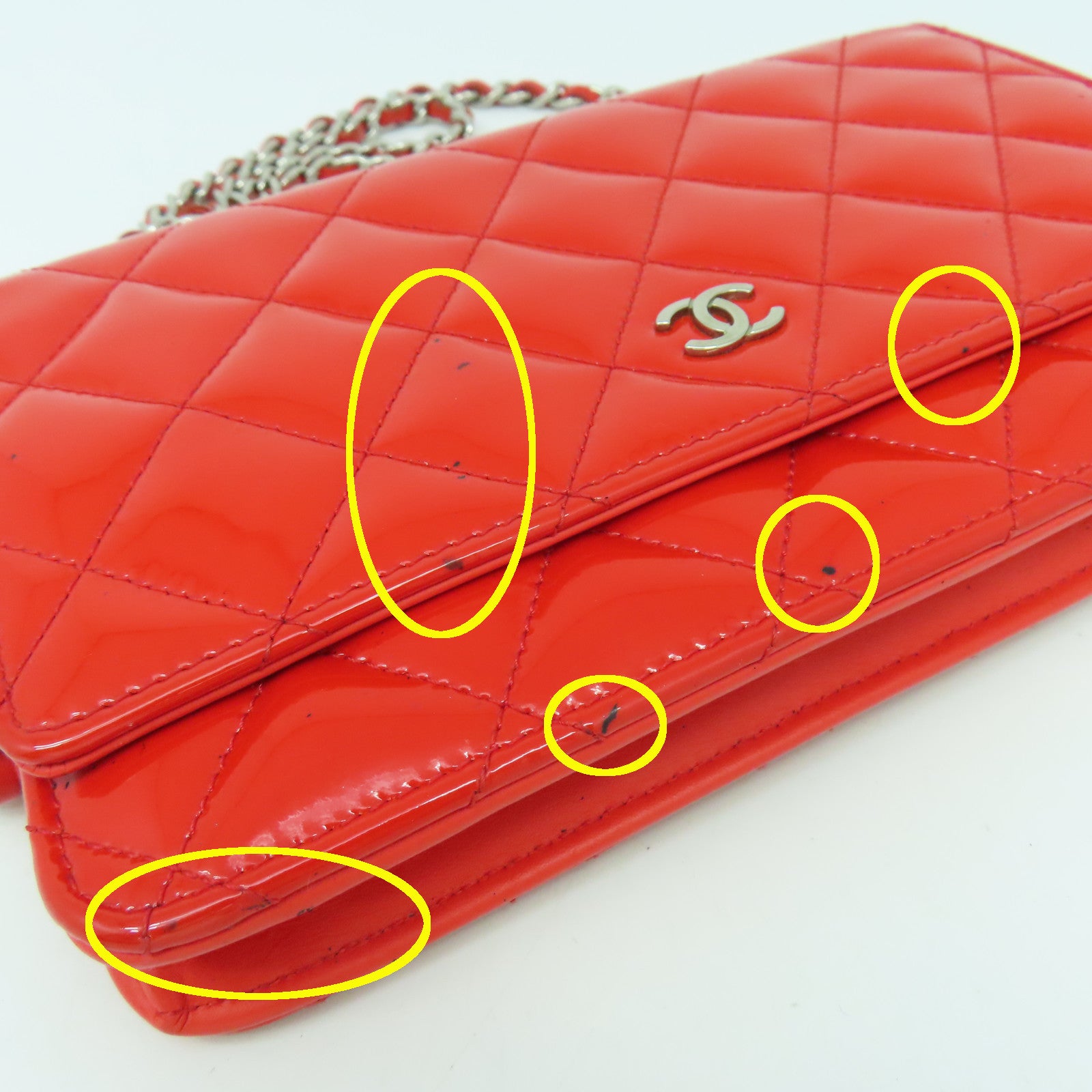 CHANEL 菱格漆皮皮革Wallet On Chain Shoulder Bag銀扣鏈帶錢包肩背袋橙紅色