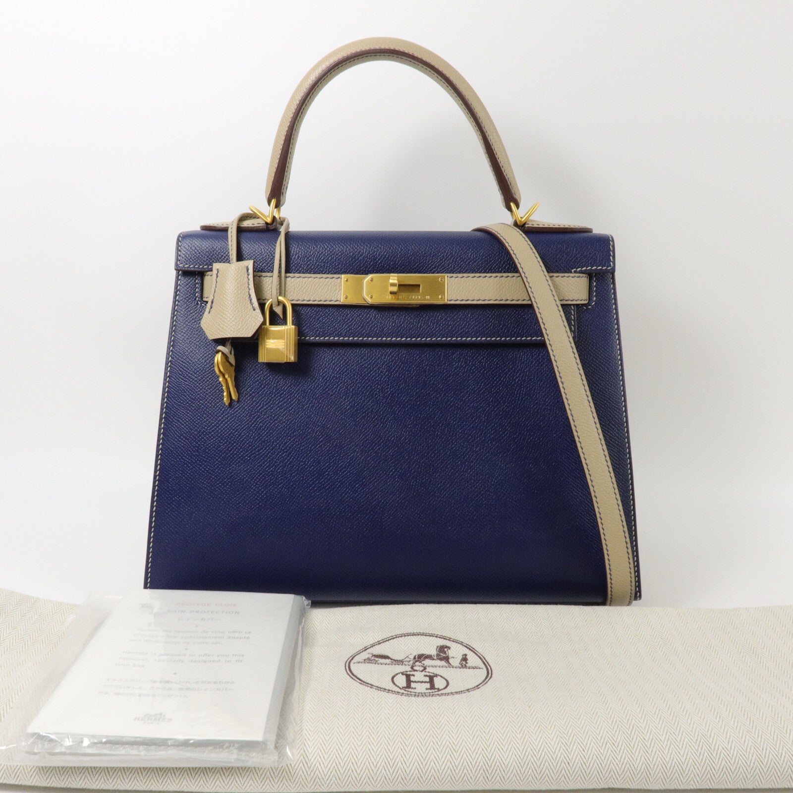 HERMES Epsom皮革Kelly 28手挽肩背兩用袋Blue Sapphire/Trench