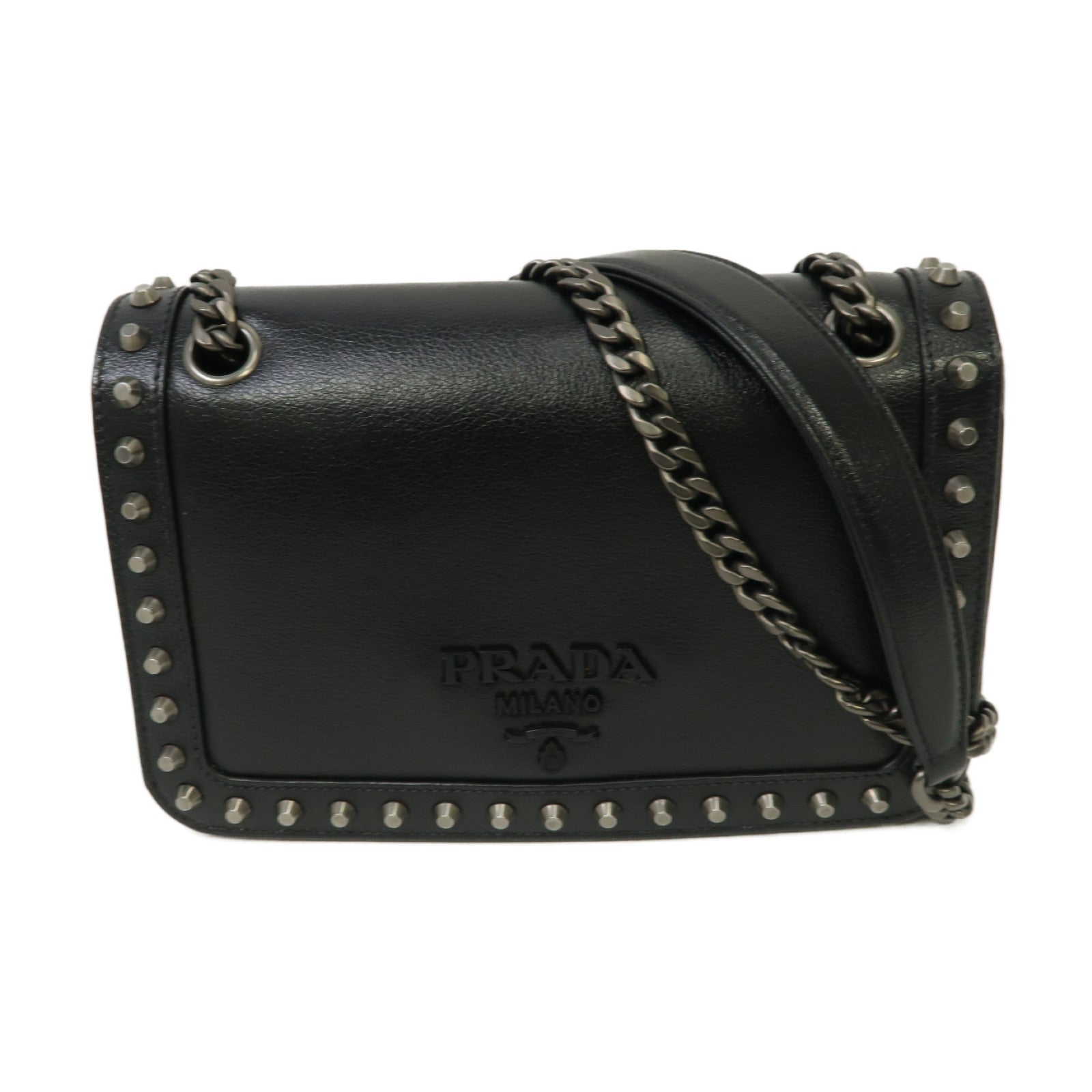PRADA Glace Calf牛皮皮革Chain Shoulder銀扣鏈帶肩背袋黑色