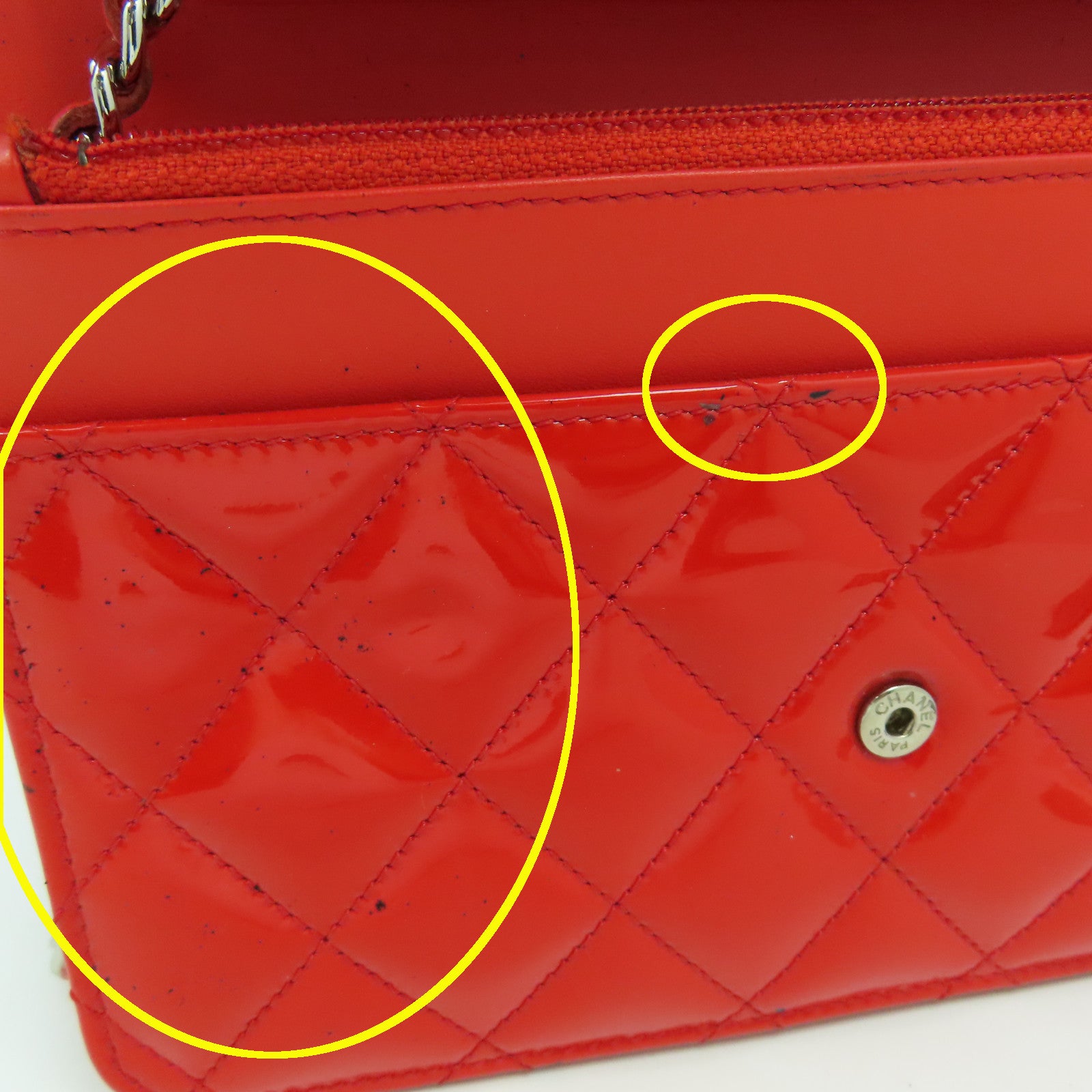 CHANEL 菱格漆皮皮革Wallet On Chain Shoulder Bag銀扣鏈帶錢包肩背袋橙紅色