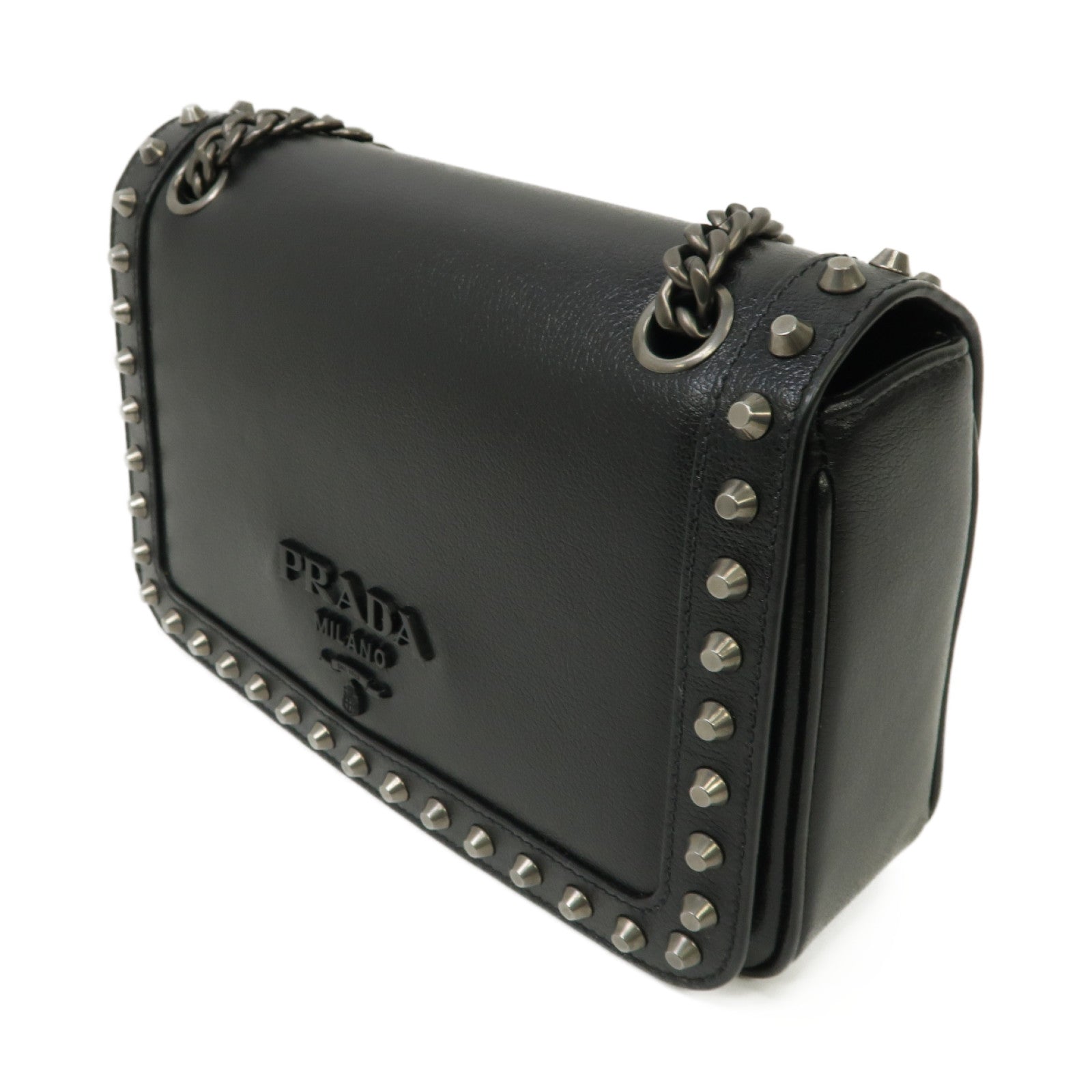 PRADA Glace Calf牛皮皮革Chain Shoulder銀扣鏈帶肩背袋黑色