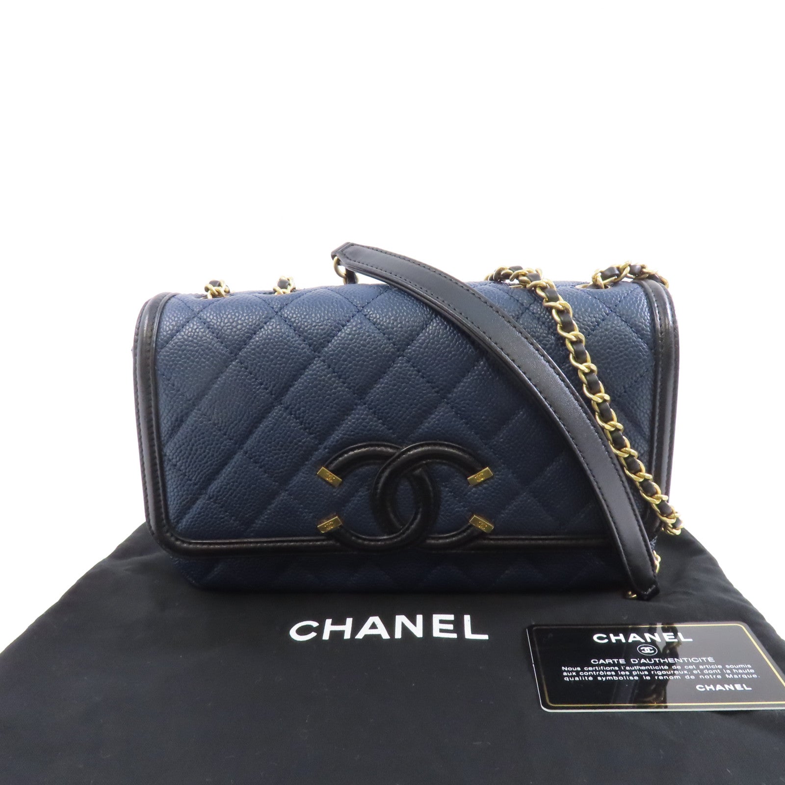 CHANEL 菱格牛皮皮革Chain Shoulder金扣鏈帶肩背袋深藍色/黑色