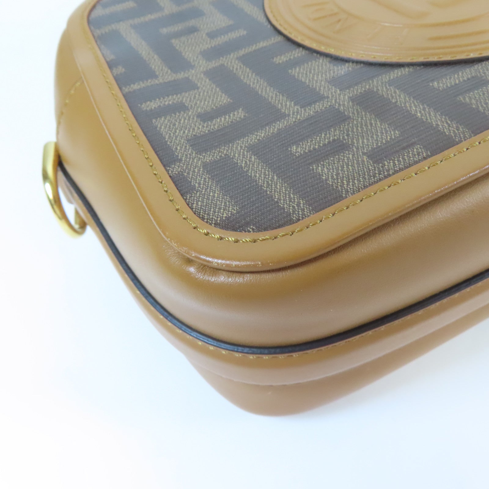 FENDI 牛皮皮革/塗層帆布Shoulder Bag金扣肩背袋啡色