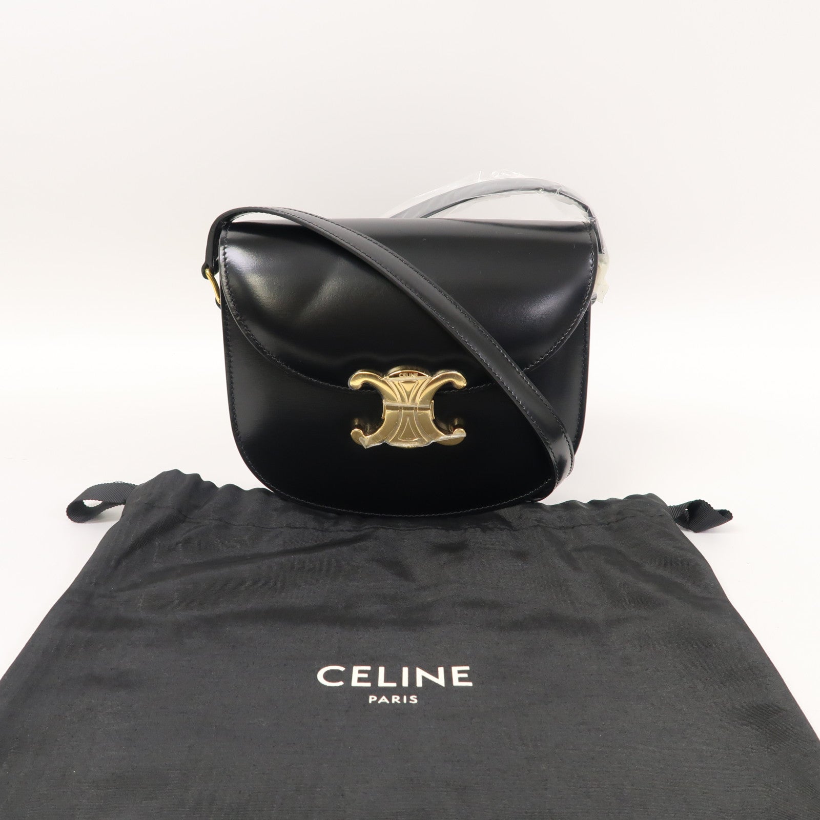 CELINE 牛皮皮革Besace Clea金扣肩背袋黑色
