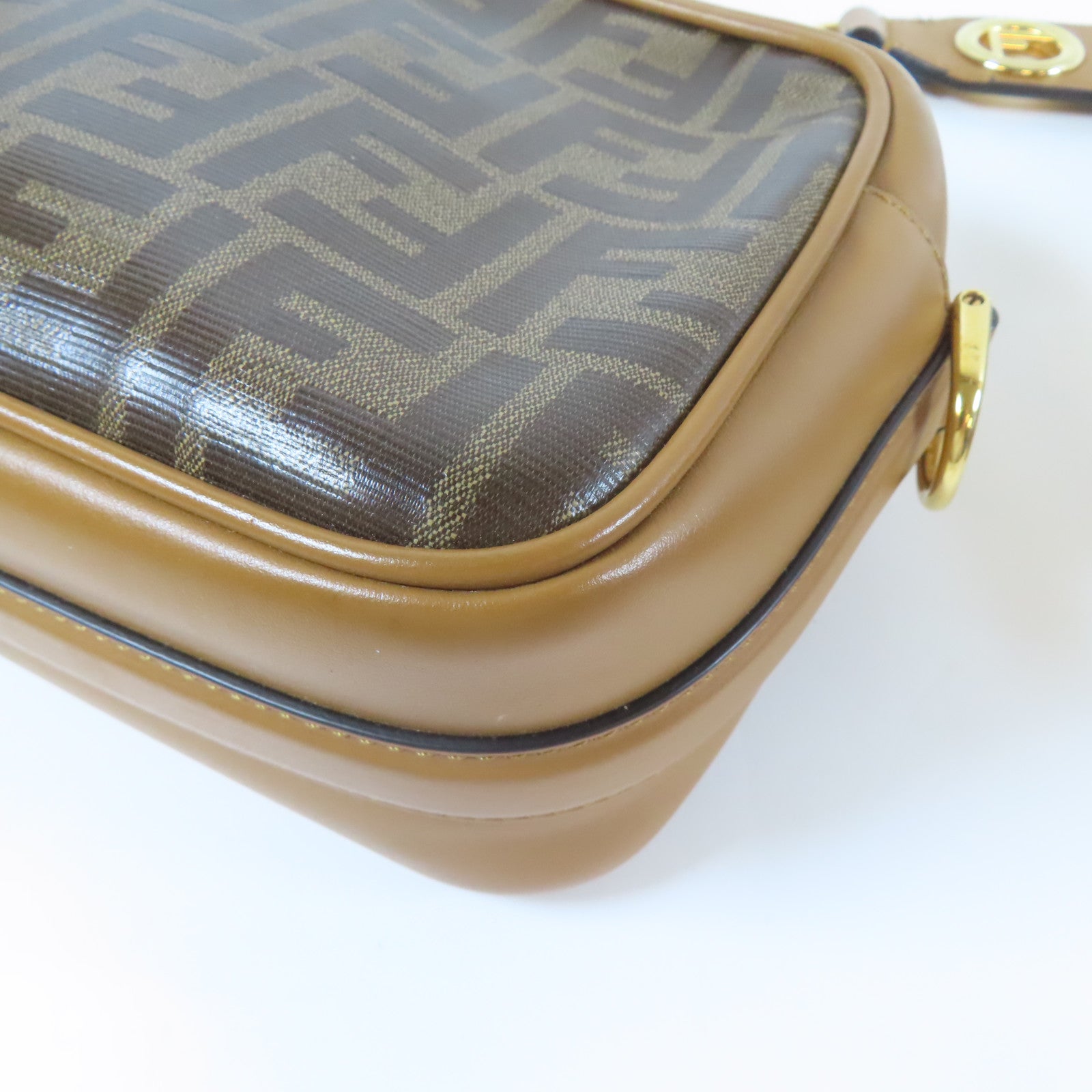 FENDI 牛皮皮革/塗層帆布Shoulder Bag金扣肩背袋啡色
