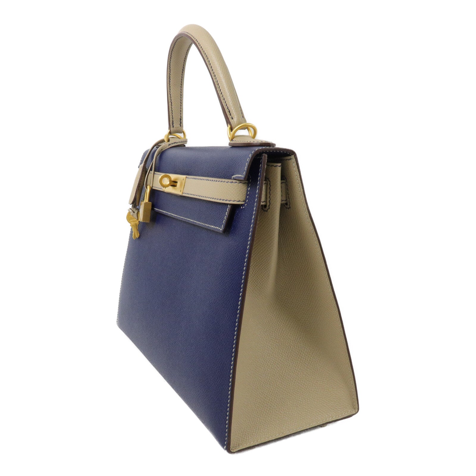 HERMES Epsom皮革Kelly 28手挽肩背兩用袋Blue Sapphire/Trench