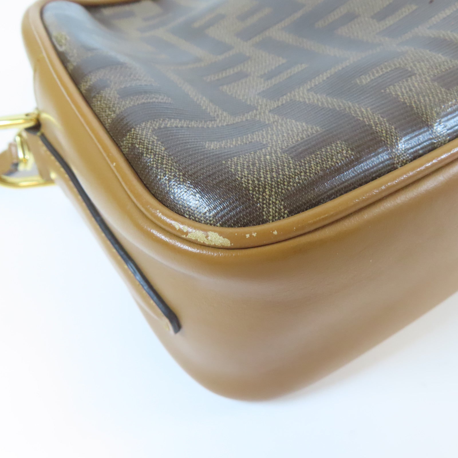 FENDI 牛皮皮革/塗層帆布Shoulder Bag金扣肩背袋啡色
