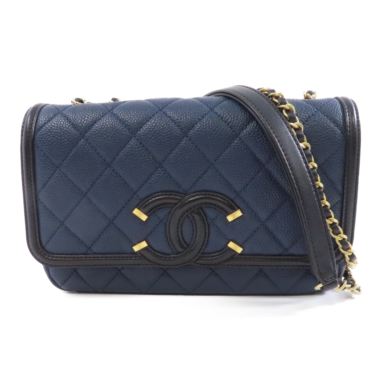 CHANEL 菱格牛皮皮革Chain Shoulder金扣鏈帶肩背袋深藍色/黑色