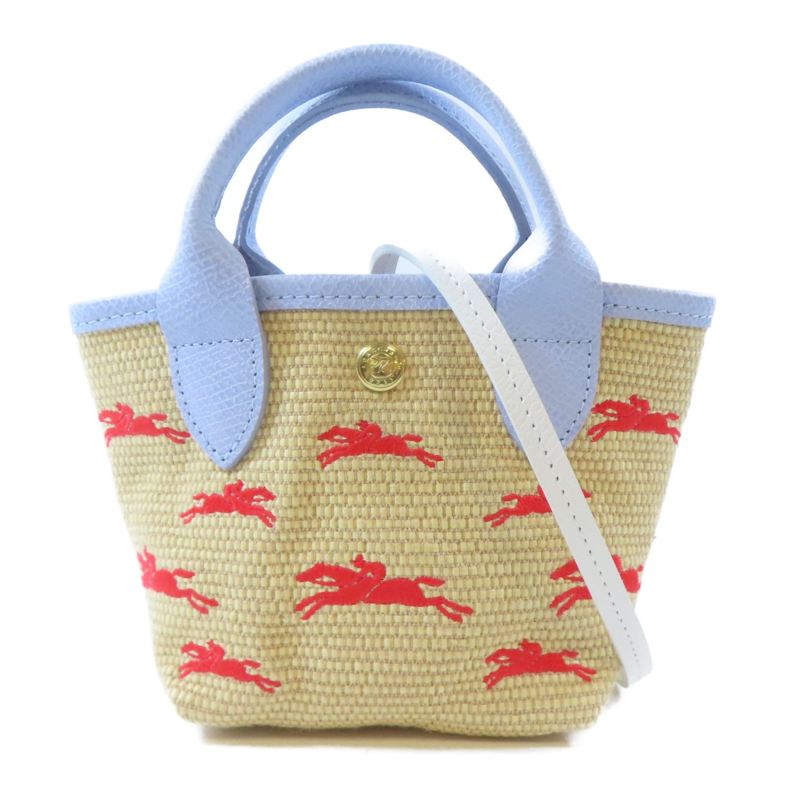 Longchamp 藤料/牛皮皮革Le Panier Pliage Basket金扣手挽肩背兩用袋卡其色/淺藍色