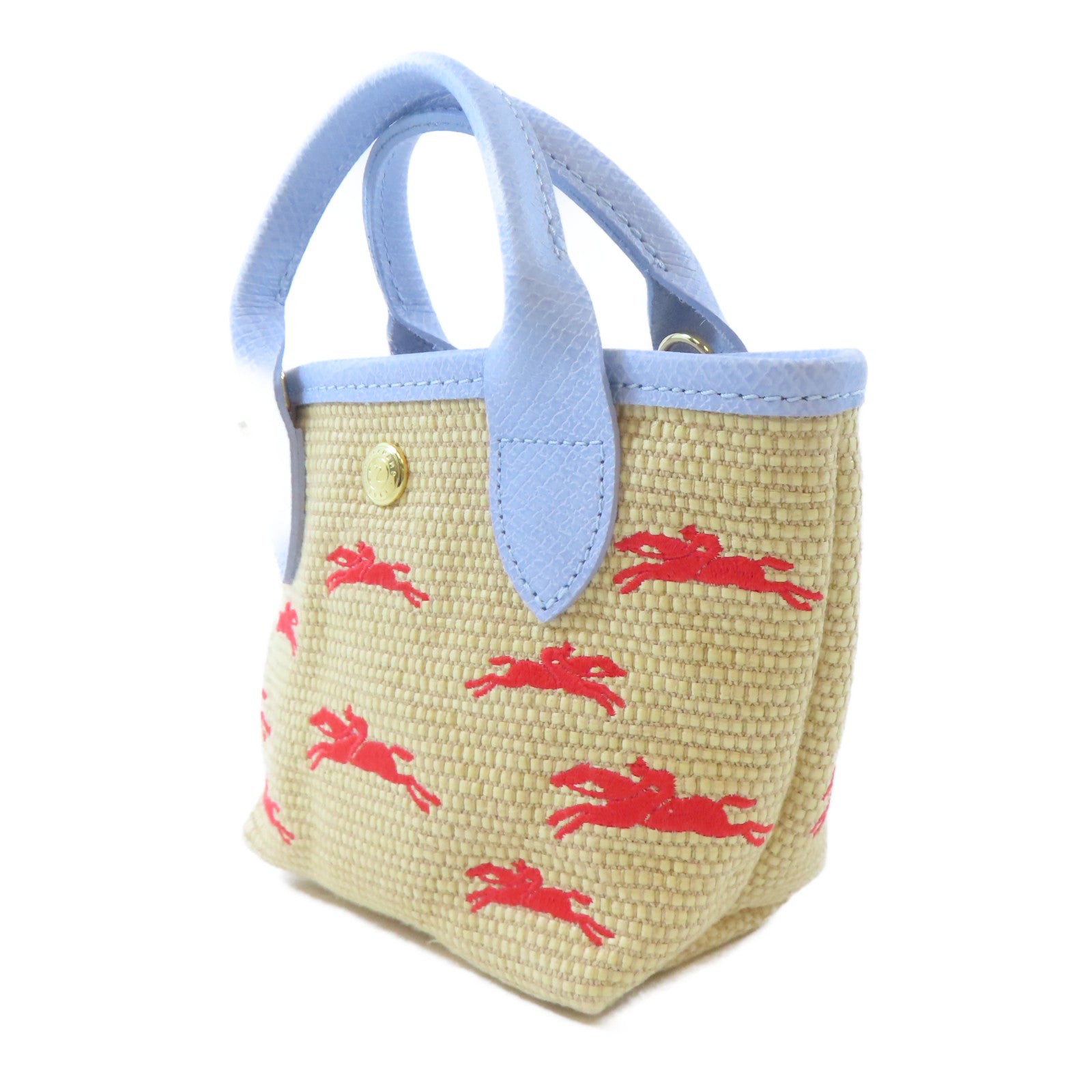 Longchamp 藤料/牛皮皮革Le Panier Pliage Basket金扣手挽肩背兩用袋卡其色/淺藍色