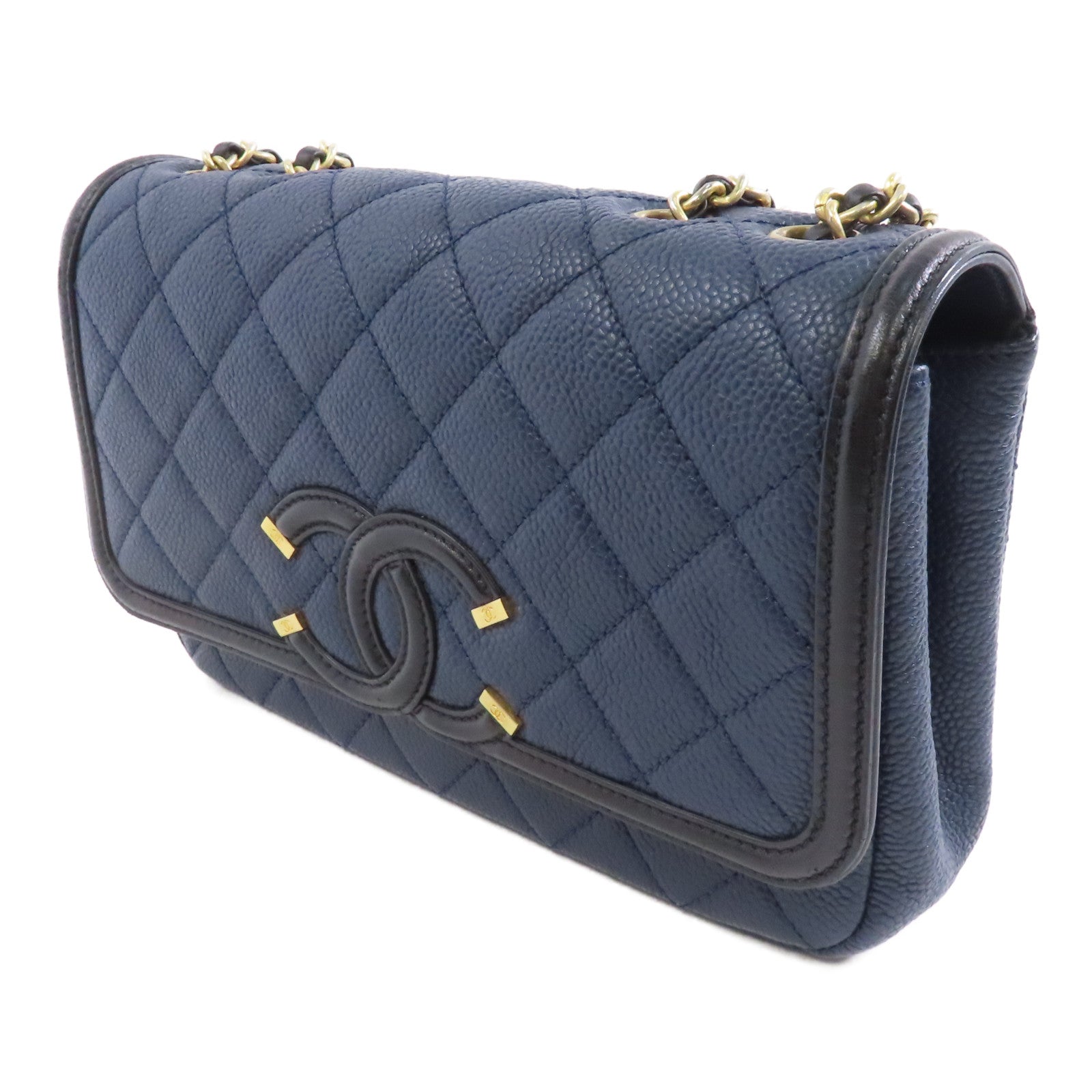 CHANEL 菱格牛皮皮革Chain Shoulder金扣鏈帶肩背袋深藍色/黑色
