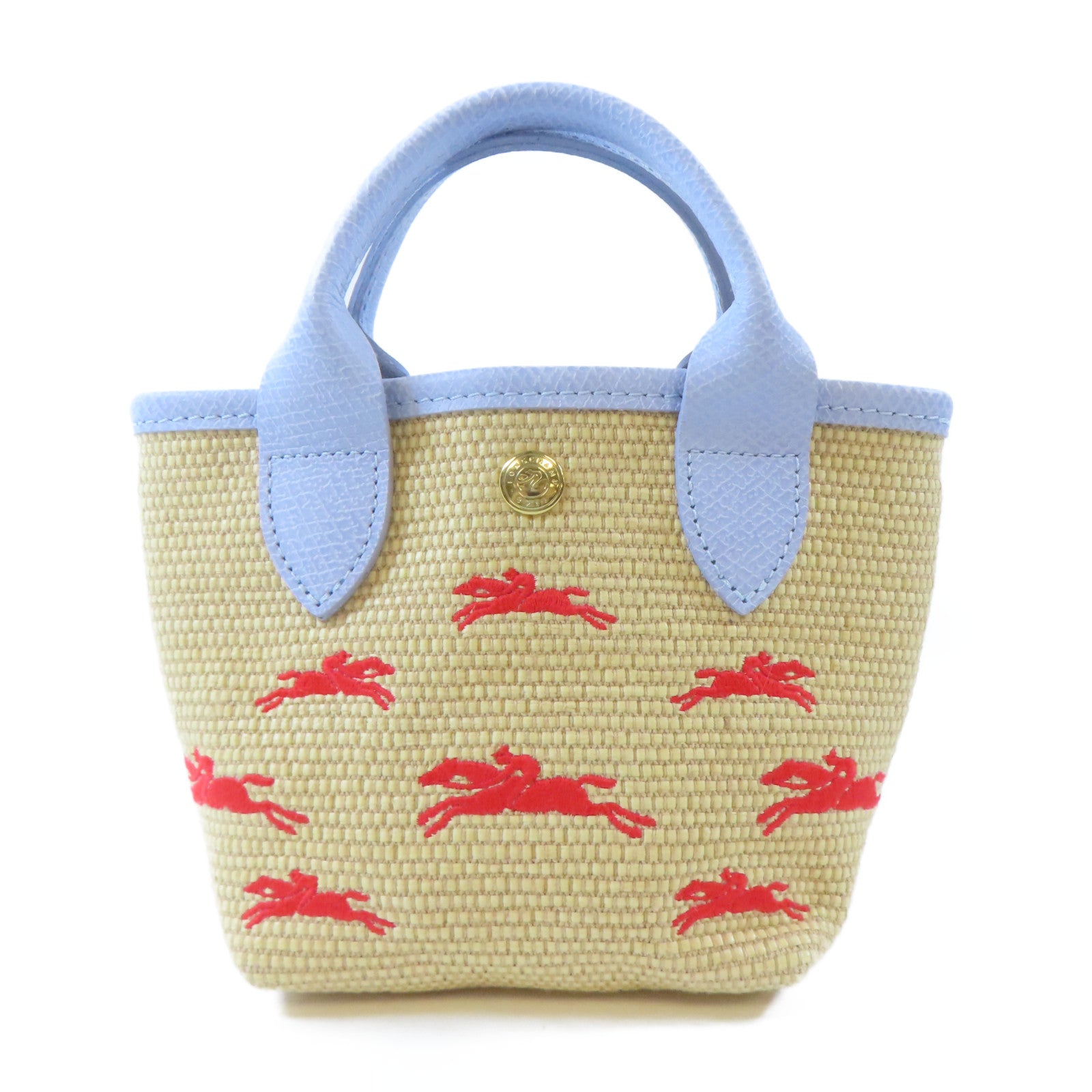 Longchamp 藤料/牛皮皮革Le Panier Pliage Basket金扣手挽肩背兩用袋卡其色/淺藍色