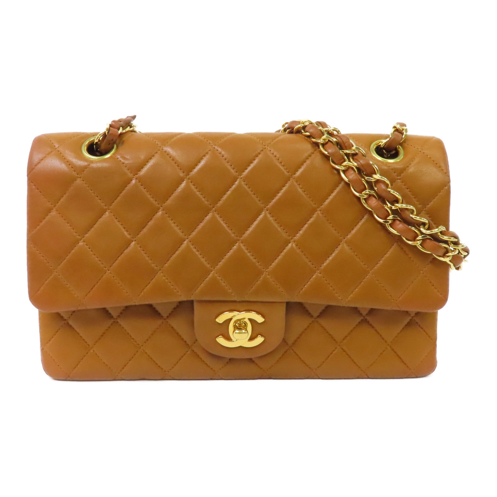 CHANEL 菱格牛皮皮革Classic金扣鏈帶肩背袋棕色