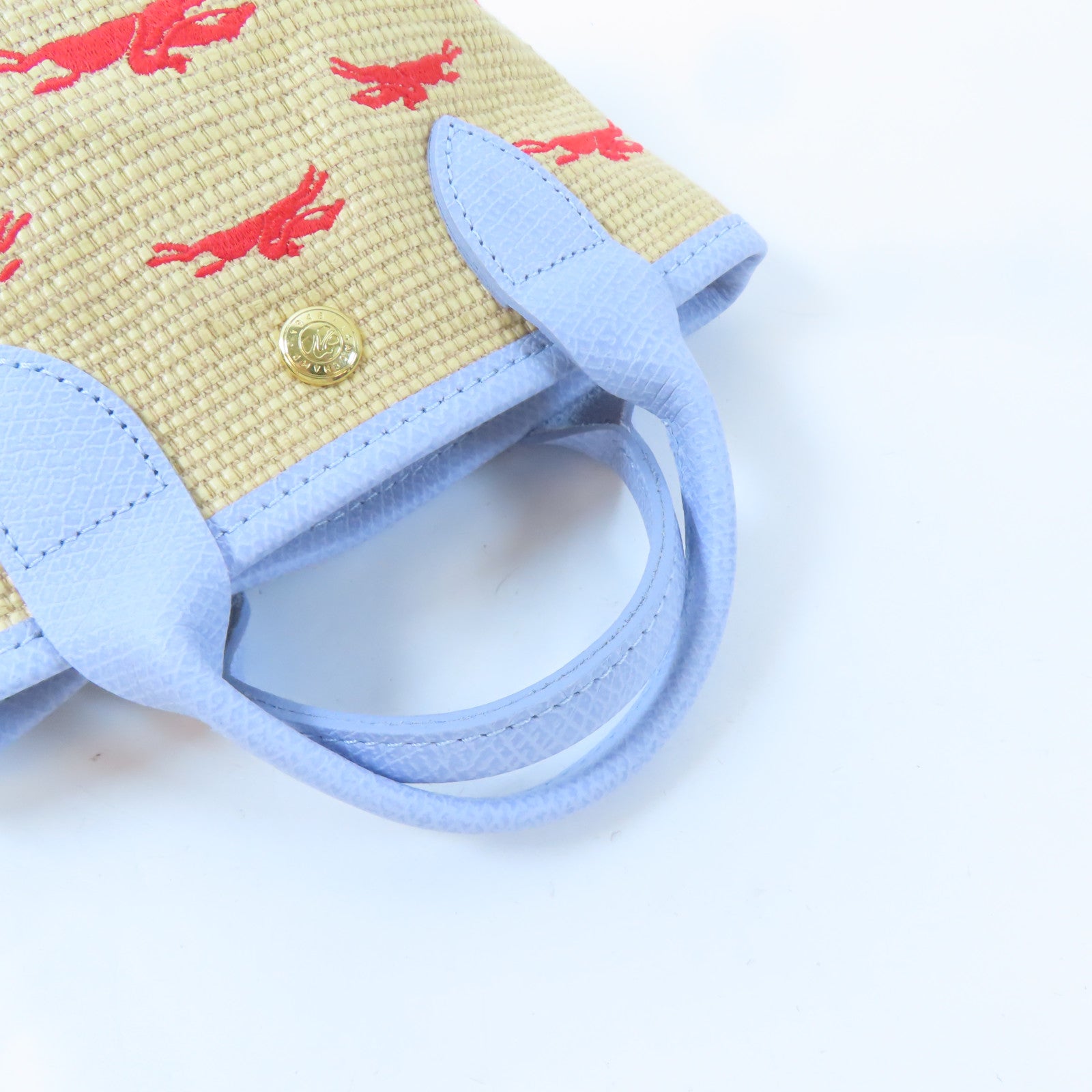 Longchamp 藤料/牛皮皮革Le Panier Pliage Basket金扣手挽肩背兩用袋卡其色/淺藍色