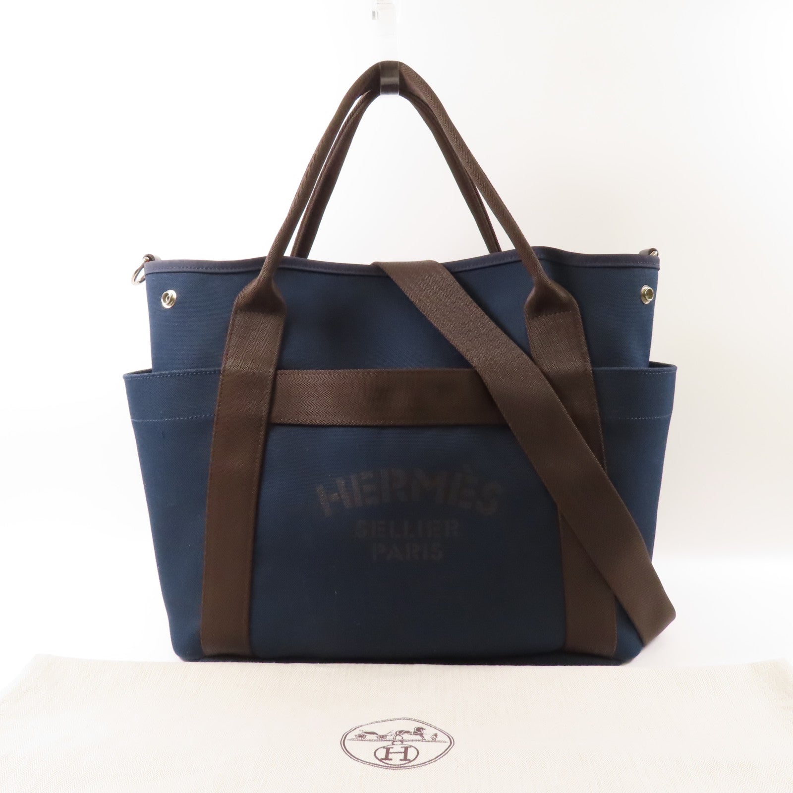 HERMES 【激減優惠】帆布Pansage Groom手挽肩背兩用袋Blue Navy/Feu