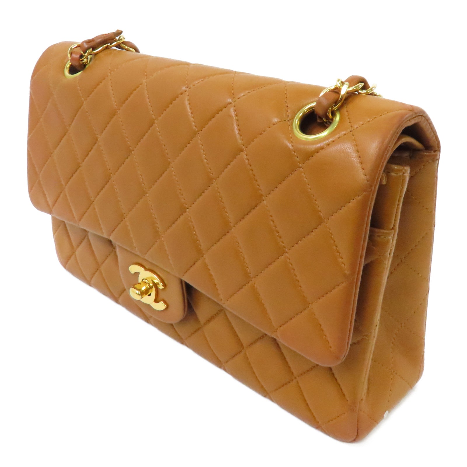 CHANEL 菱格牛皮皮革Classic金扣鏈帶肩背袋棕色