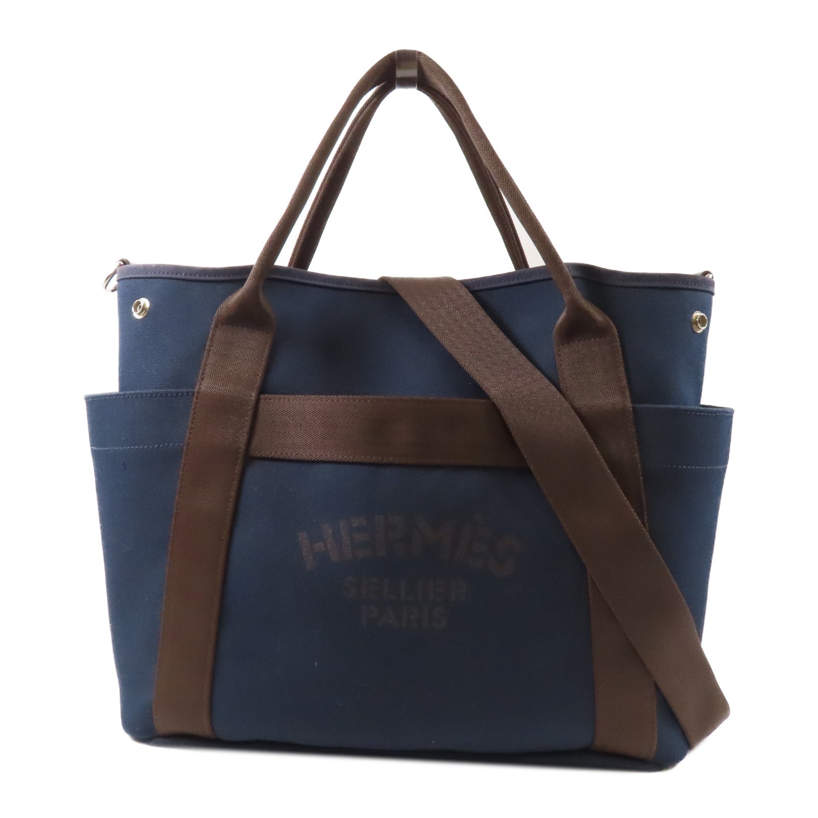 HERMES 【激減優惠】帆布Pansage Groom手挽肩背兩用袋Blue Navy/Feu