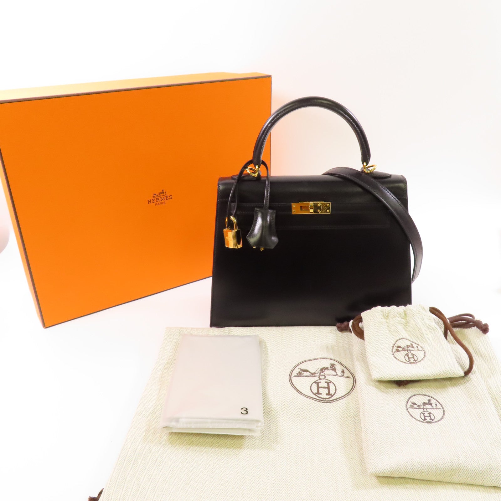 HERMES Boxcalf皮革Kelly 25金扣手挽肩背兩用袋Noir