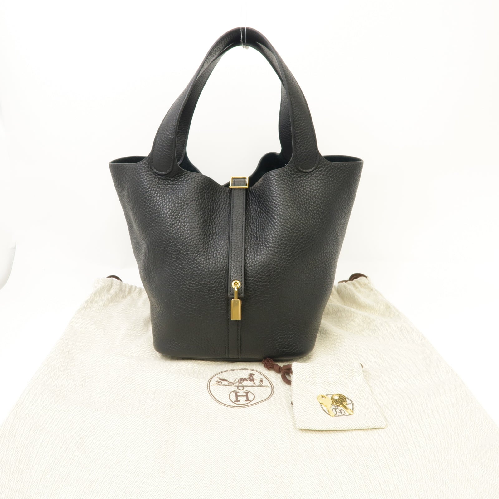 HERMES Clemence皮革Picotin MM金扣手挽袋Noir/黑色