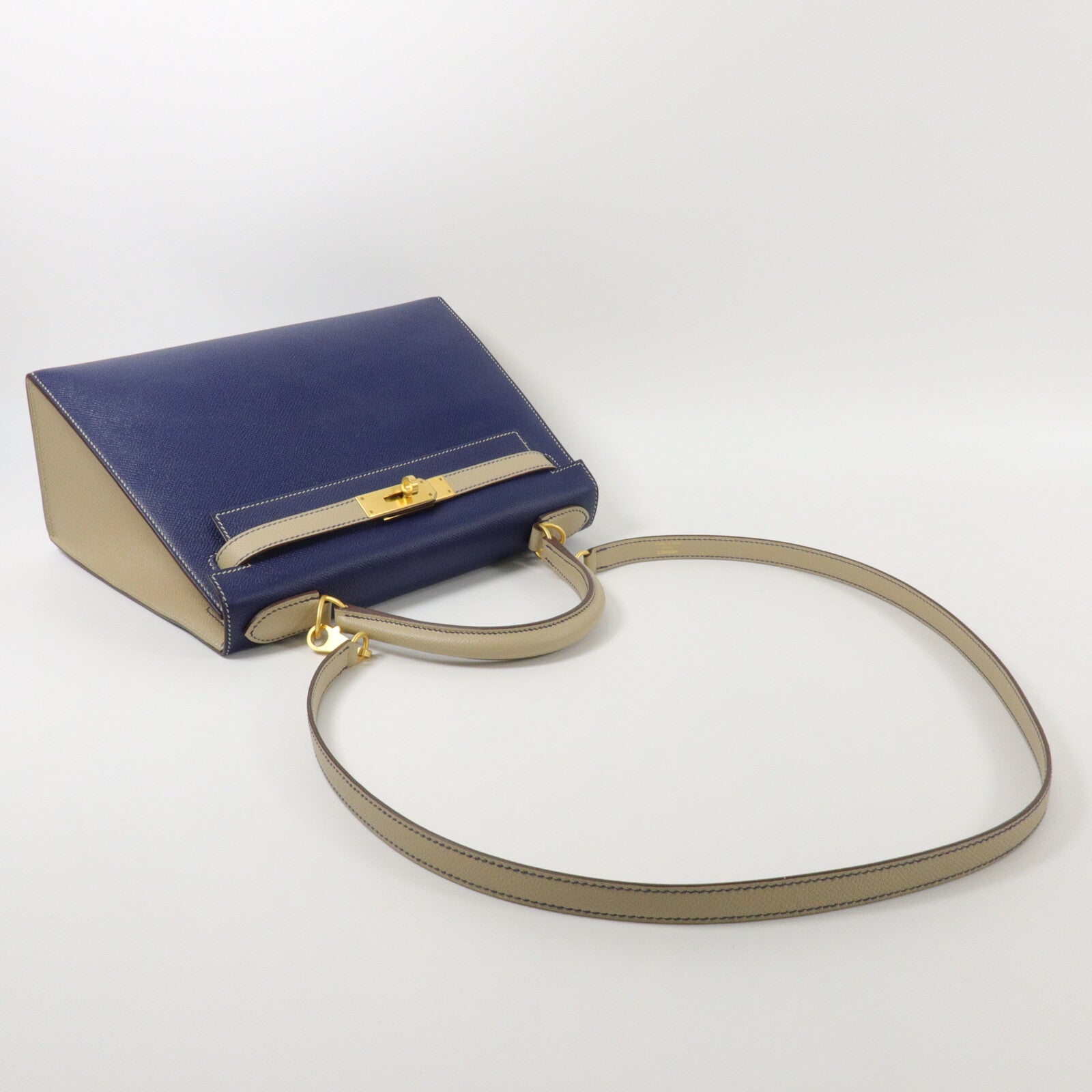 HERMES Epsom皮革Kelly 28手挽肩背兩用袋Blue Sapphire/Trench