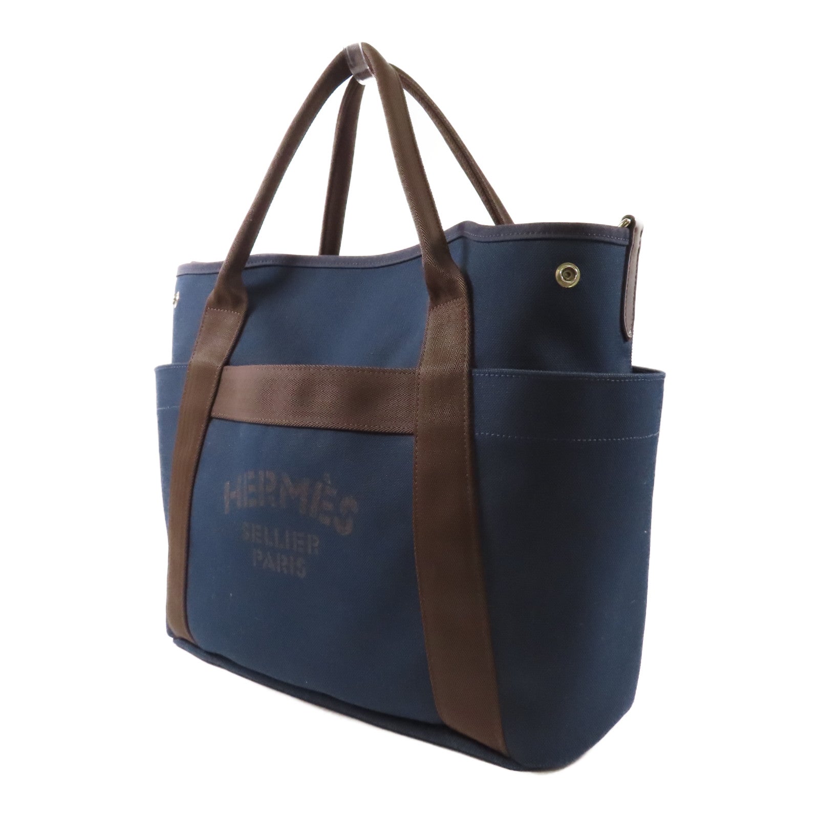 HERMES 【激減優惠】帆布Pansage Groom手挽肩背兩用袋Blue Navy/Feu