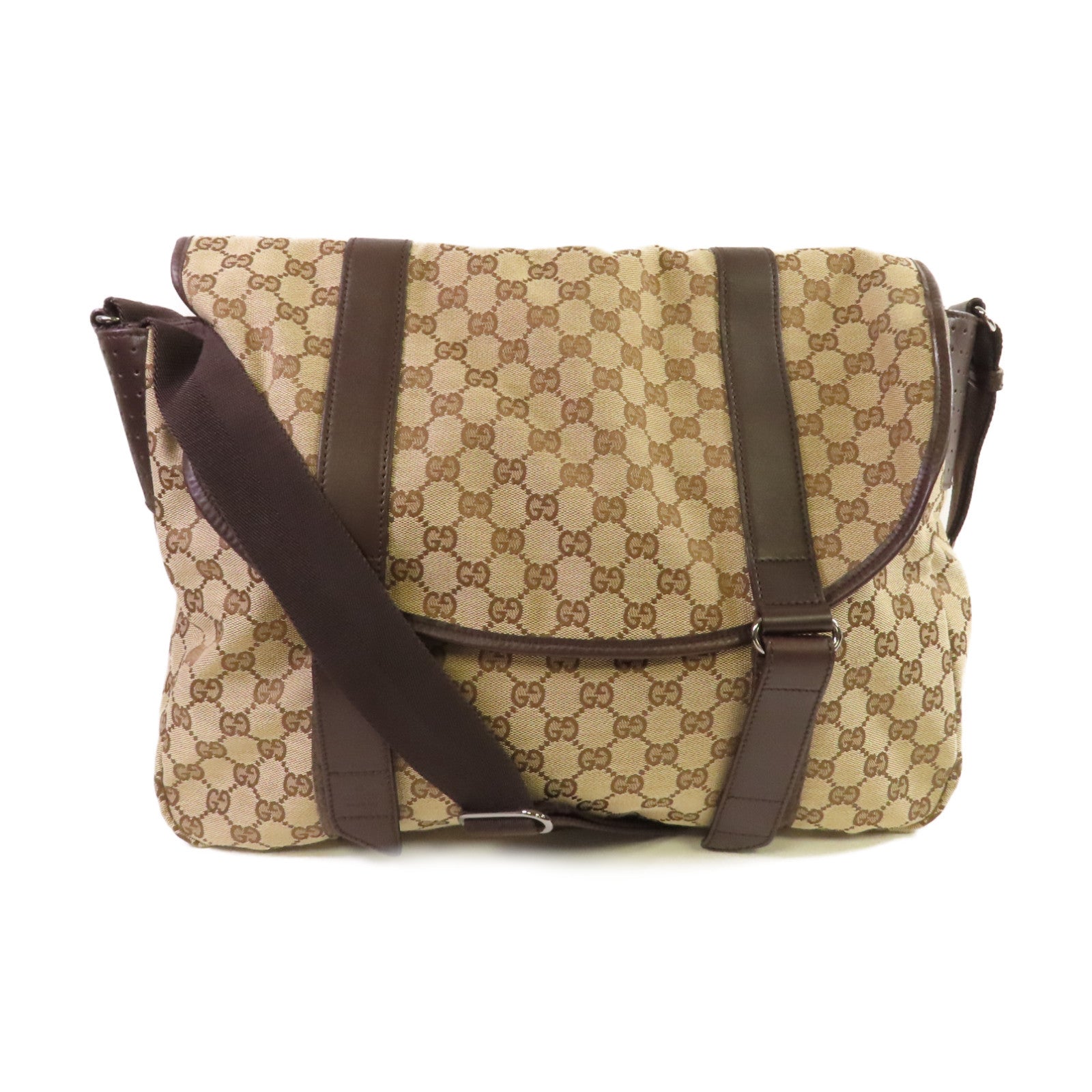GUCCI 【激減優惠】GG帆布Messenger Bag銀扣肩背袋啡色