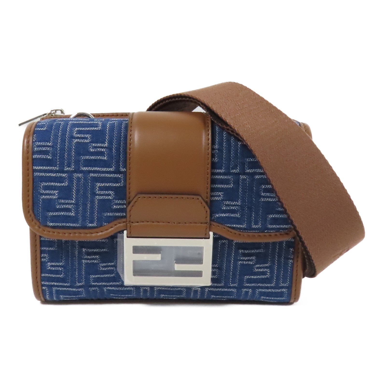 FENDI 帆布Double Baguette銀扣肩背袋藍色/棕色