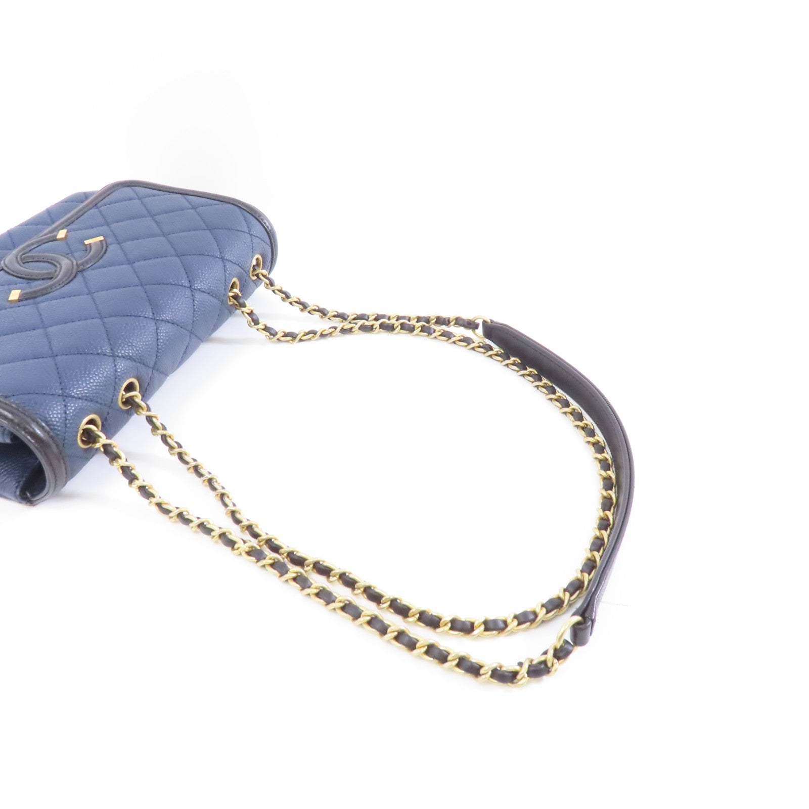 CHANEL 菱格牛皮皮革Chain Shoulder金扣鏈帶肩背袋深藍色/黑色