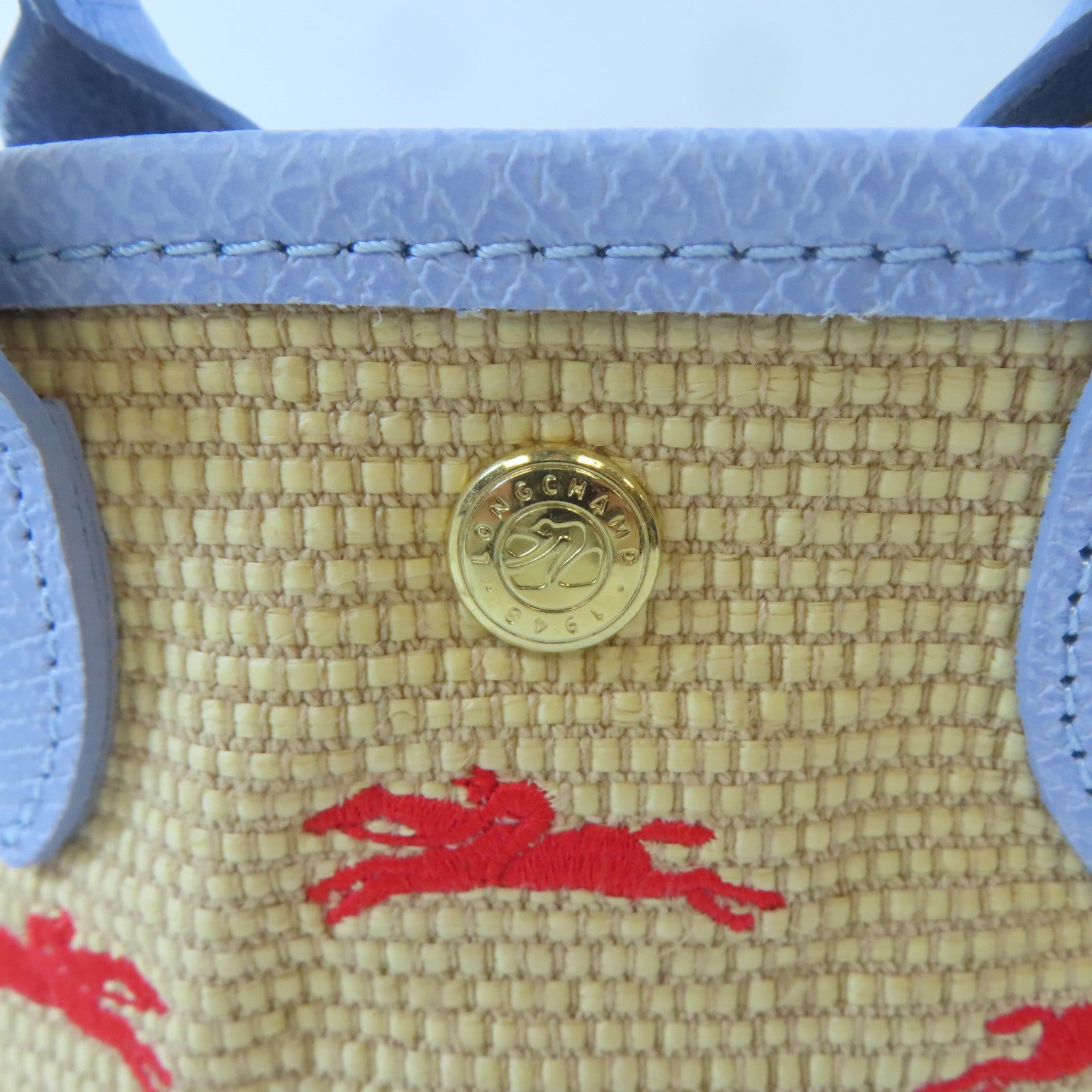 Longchamp 藤料/牛皮皮革Le Panier Pliage Basket金扣手挽肩背兩用袋卡其色/淺藍色