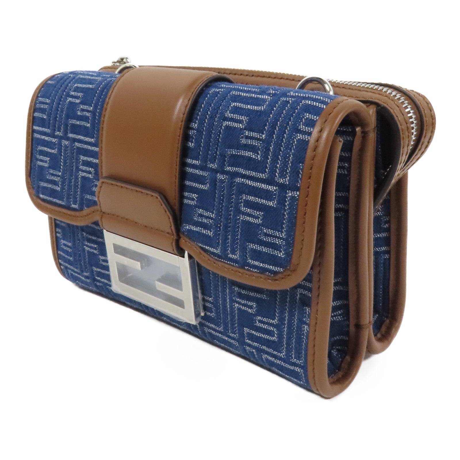 FENDI 帆布Double Baguette銀扣肩背袋藍色/棕色