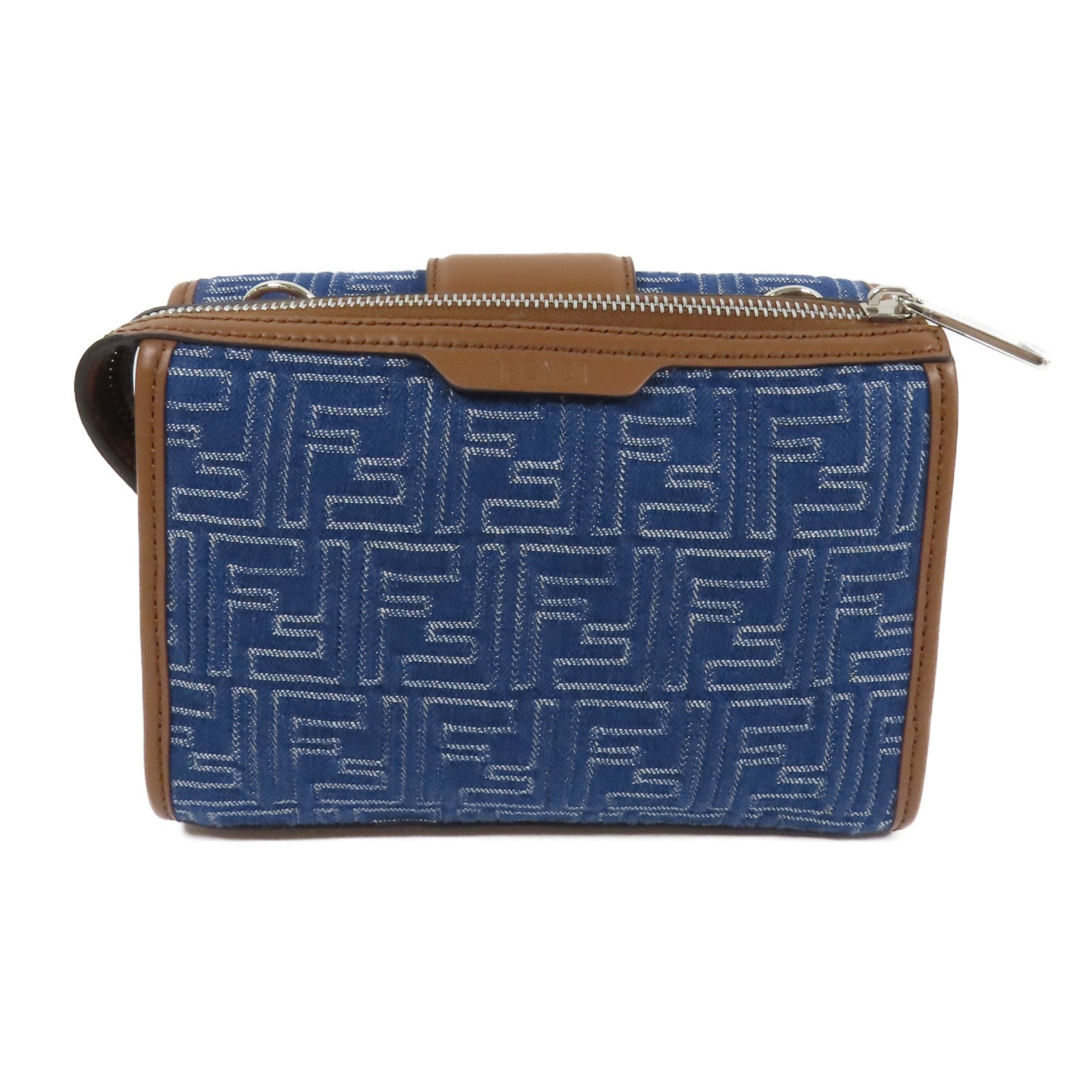 FENDI 帆布Double Baguette銀扣肩背袋藍色/棕色