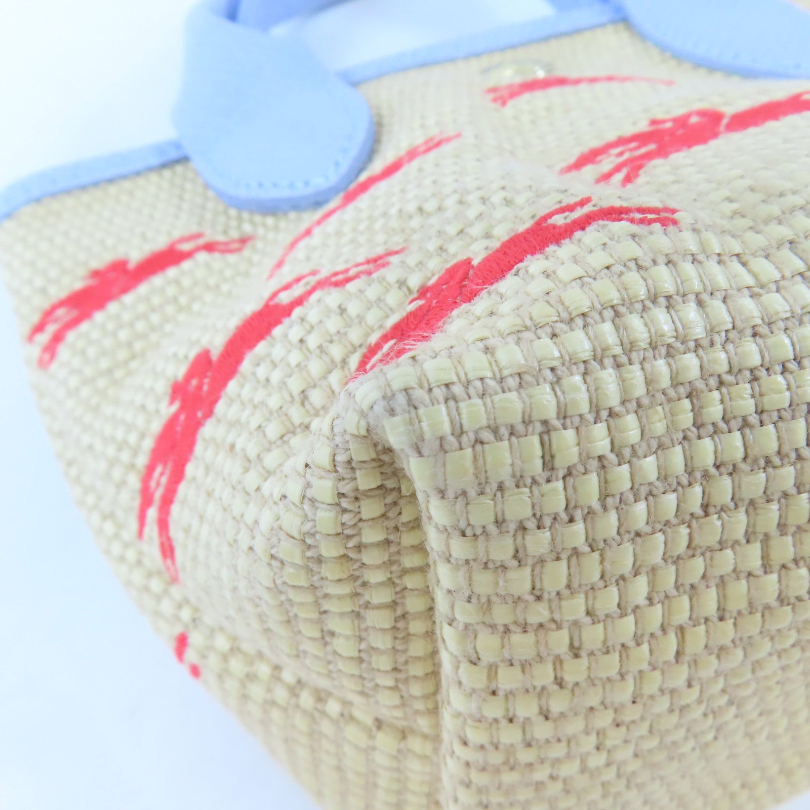 Longchamp 藤料/牛皮皮革Le Panier Pliage Basket金扣手挽肩背兩用袋卡其色/淺藍色
