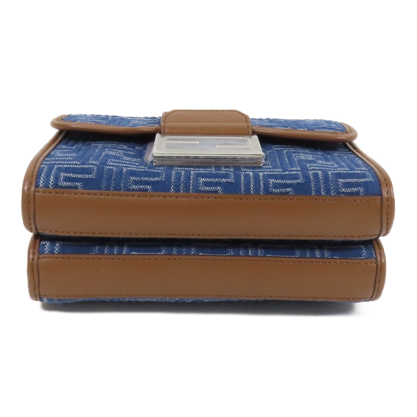 FENDI 帆布Double Baguette銀扣肩背袋藍色/棕色