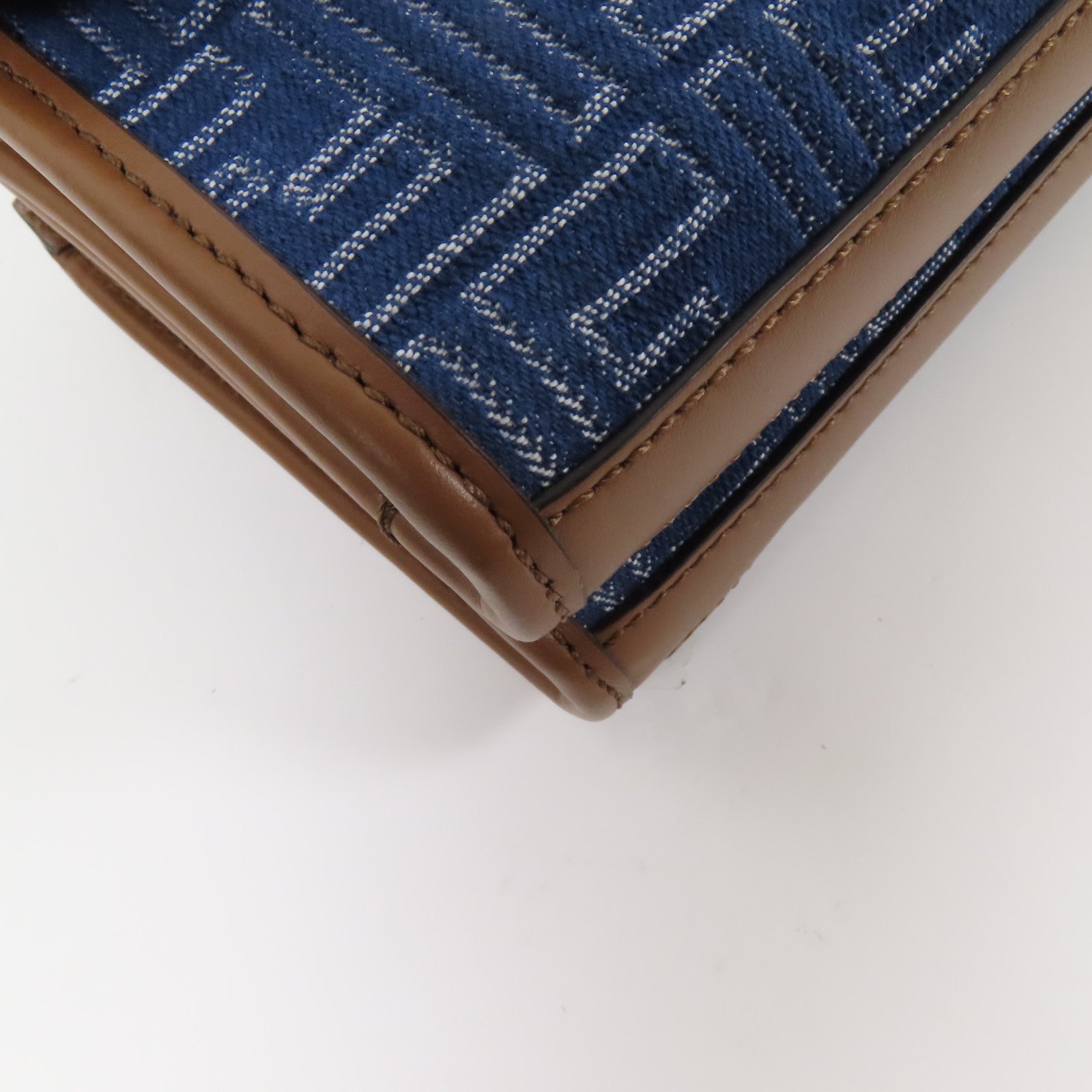 FENDI 帆布Double Baguette銀扣肩背袋藍色/棕色