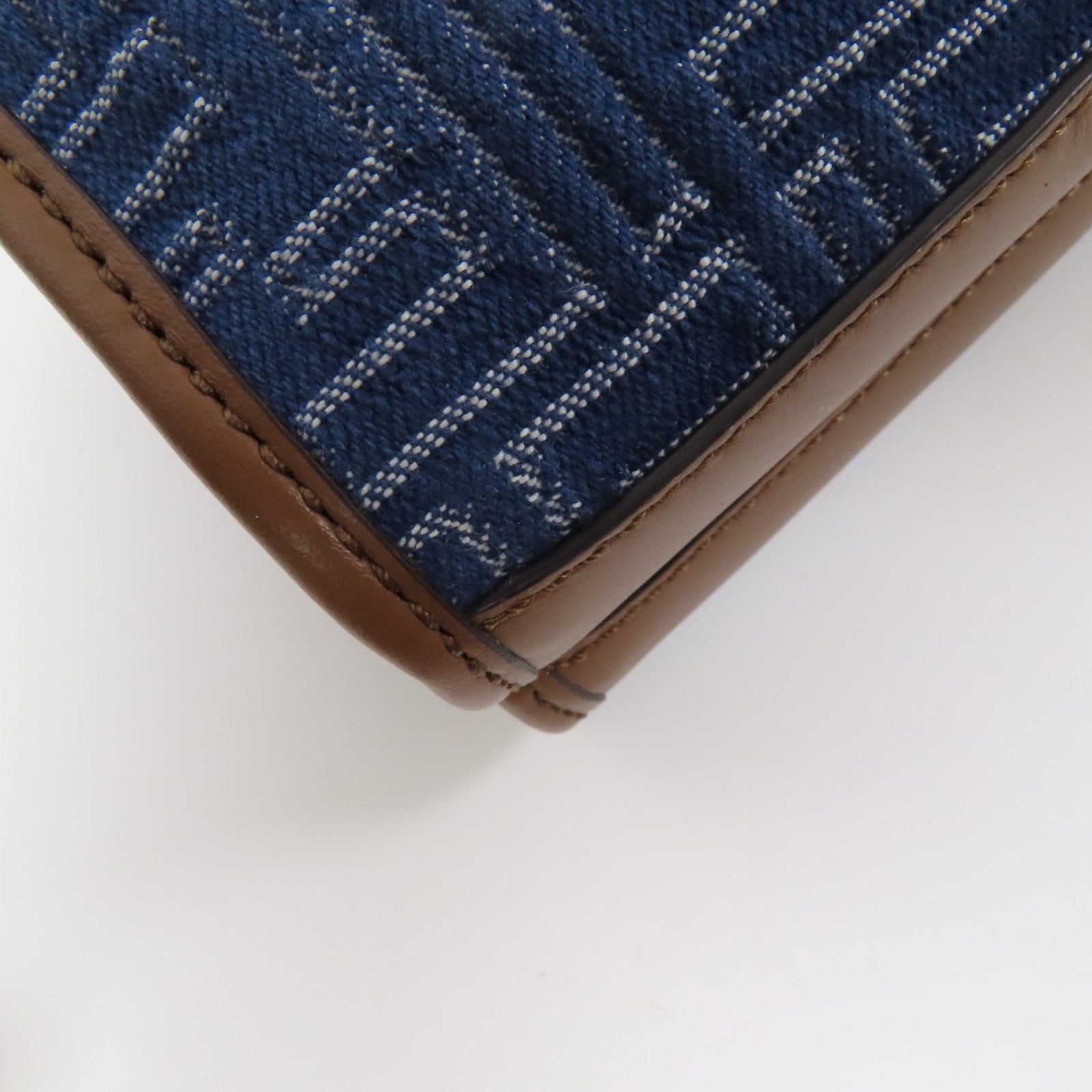 FENDI 帆布Double Baguette銀扣肩背袋藍色/棕色