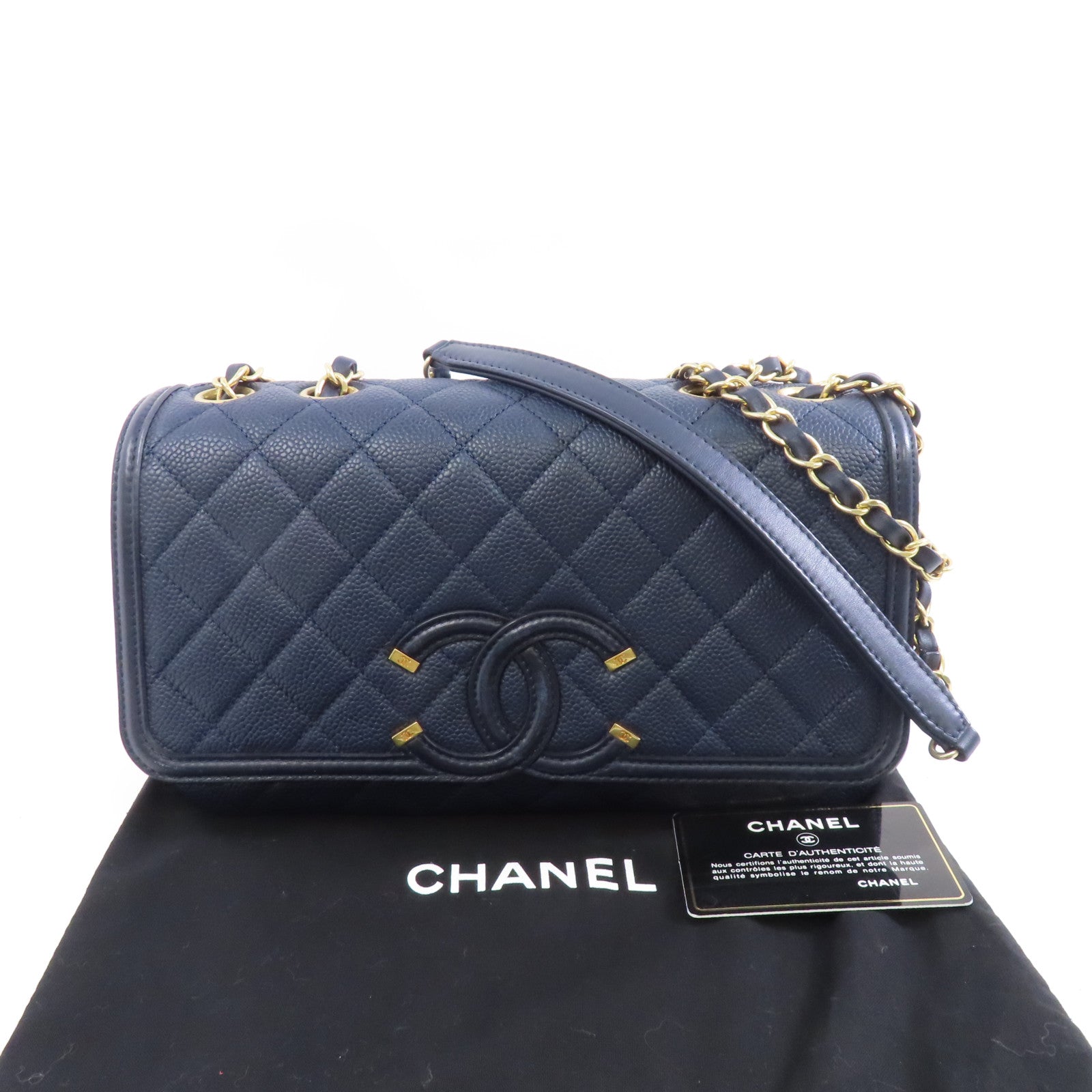 CHANEL 菱格牛皮皮革Chain Shoulder金扣鏈帶肩背袋深藍色