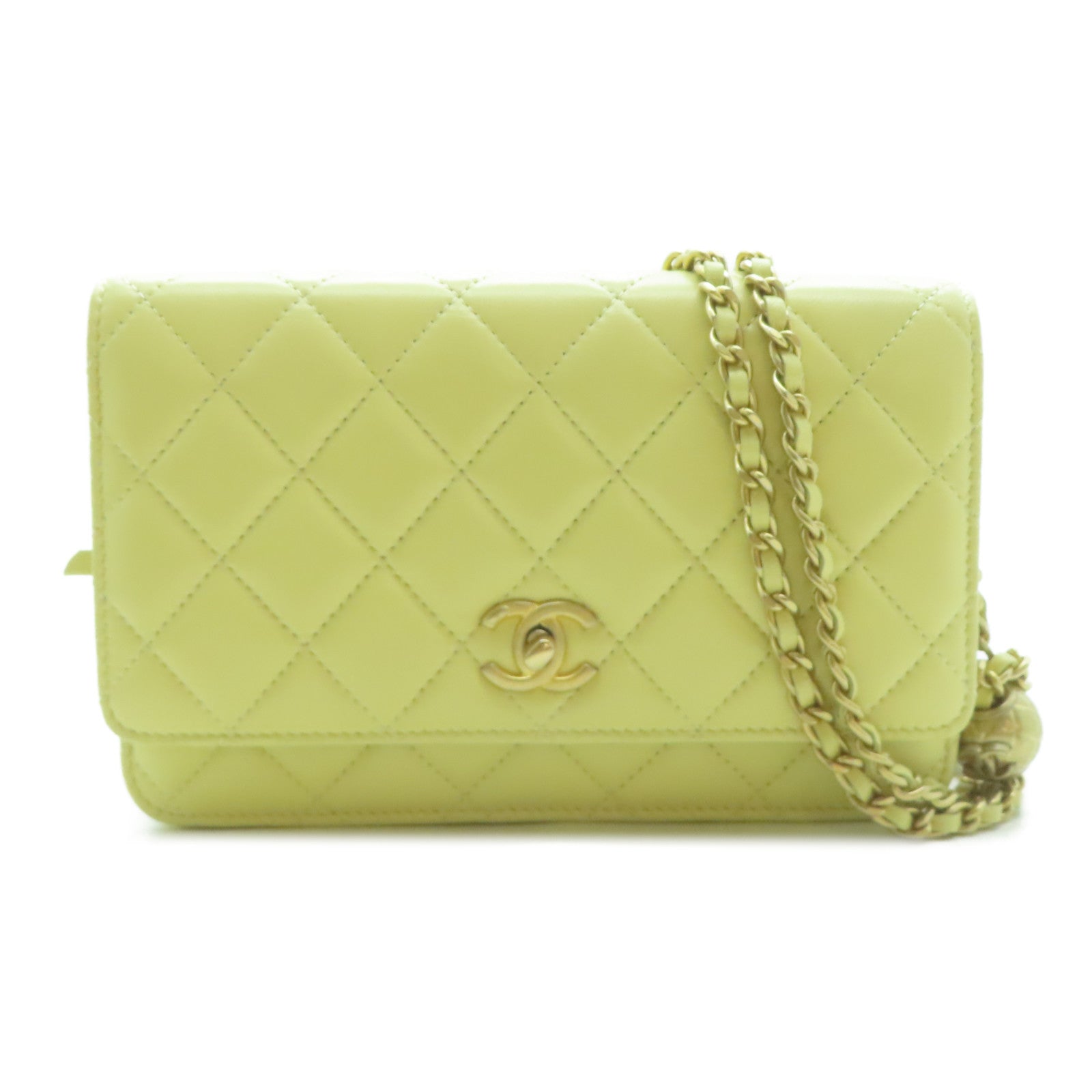CHANEL **【激減優惠】菱格羊皮皮革Gold Ball Wallet On Chain金扣鏈帶肩背袋黃色