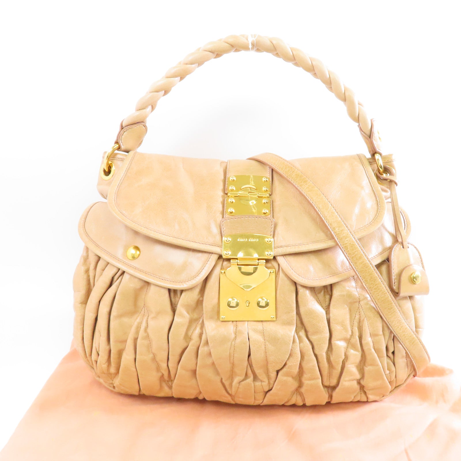 Miu Miu 皮革Matelassé Coffer金扣手挽肩背兩用袋啡色