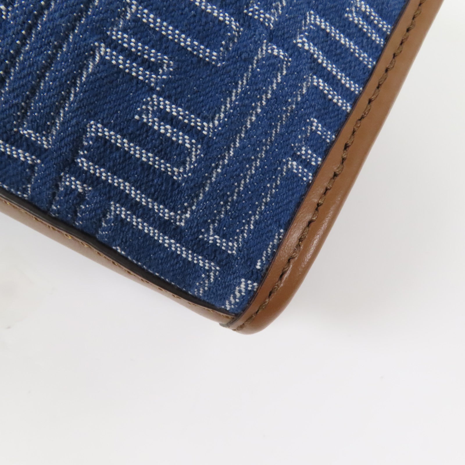 FENDI 帆布Double Baguette銀扣肩背袋藍色/棕色