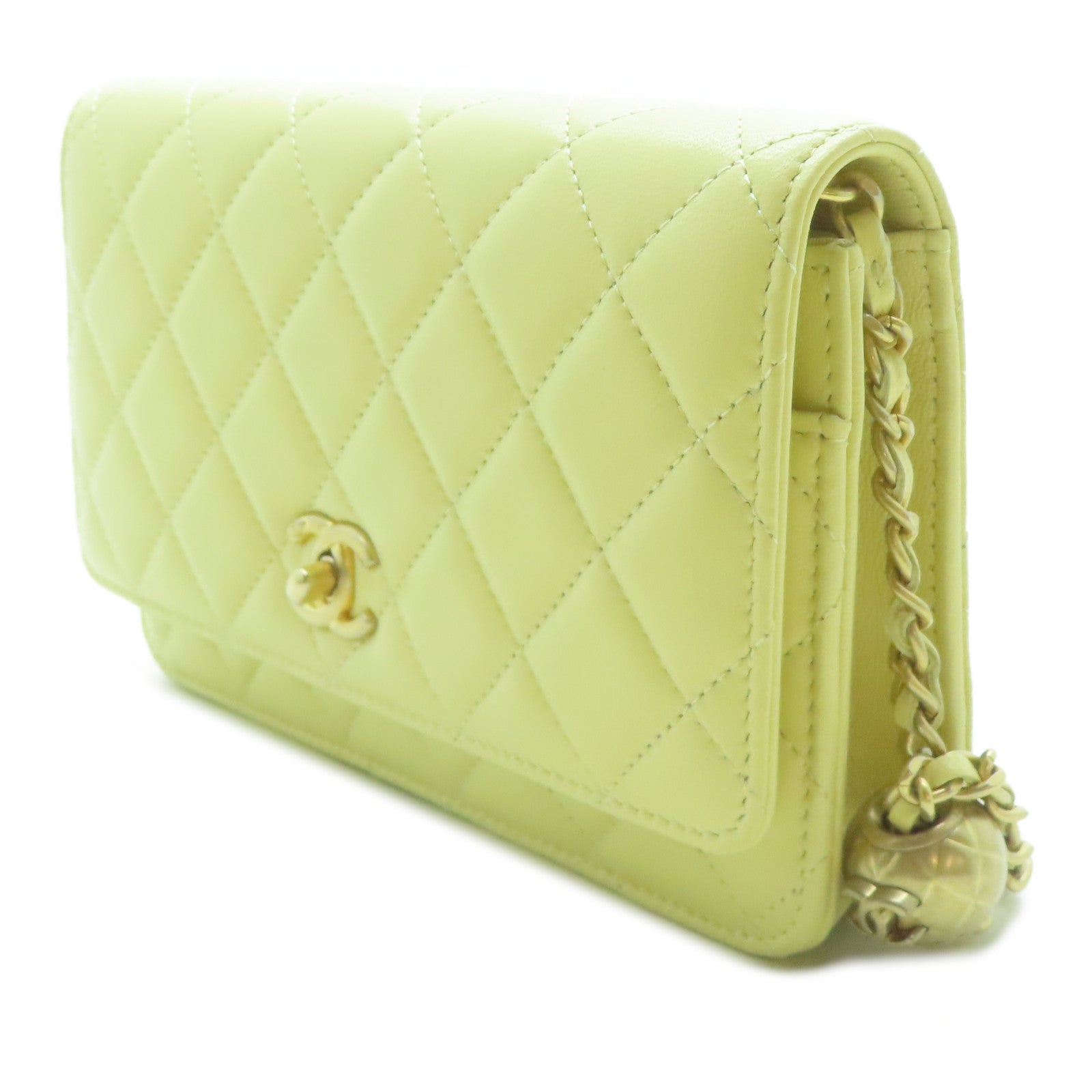 CHANEL **【激減優惠】菱格羊皮皮革Gold Ball Wallet On Chain金扣鏈帶肩背袋黃色
