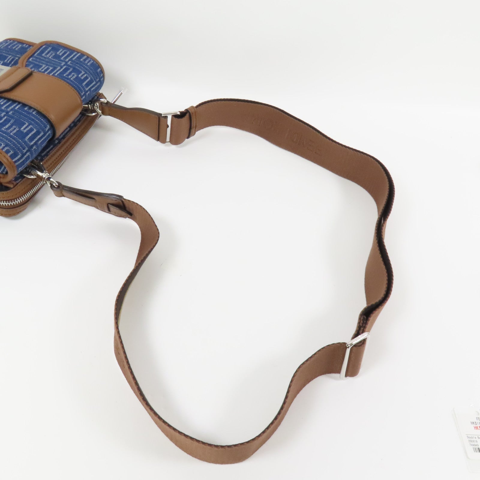 FENDI 帆布Double Baguette銀扣肩背袋藍色/棕色