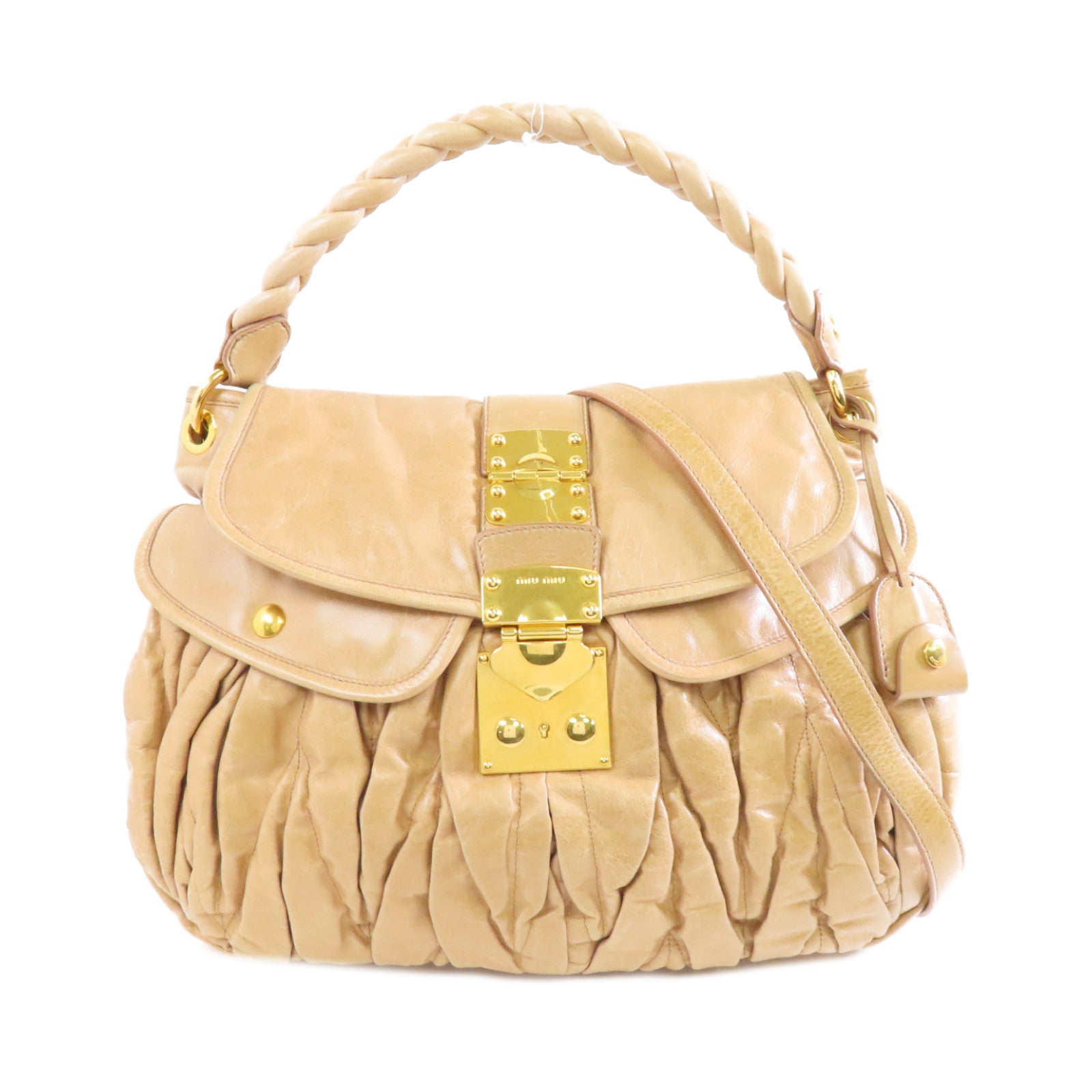 Miu Miu 皮革Matelassé Coffer金扣手挽肩背兩用袋啡色