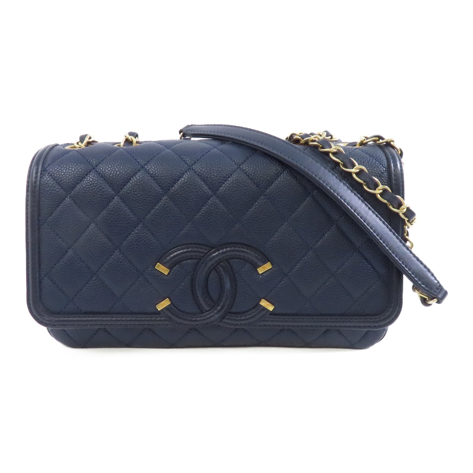 CHANEL 菱格牛皮皮革Chain Shoulder金扣鏈帶肩背袋深藍色