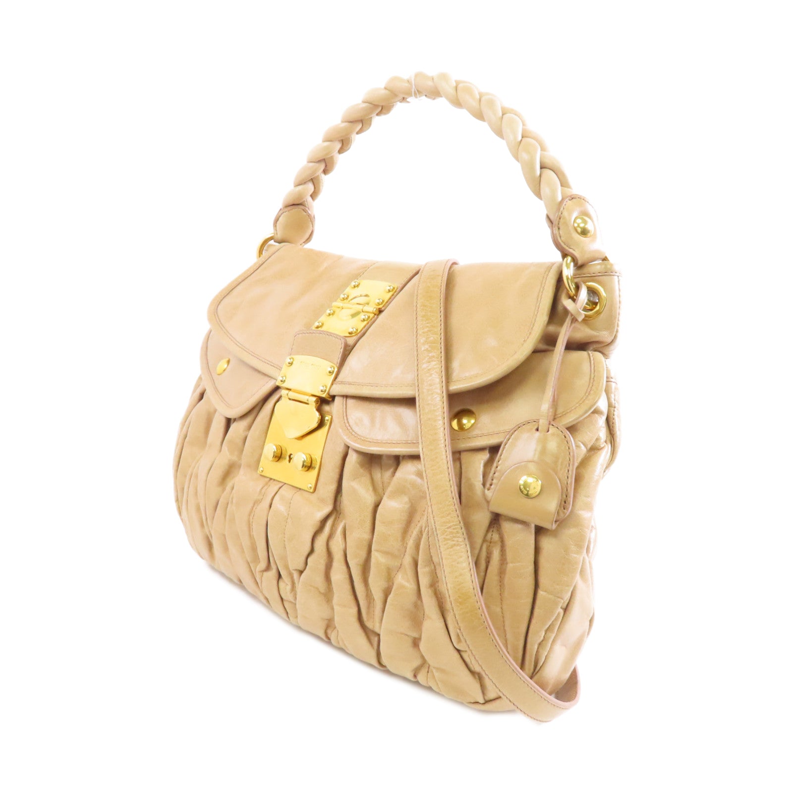 Miu Miu 皮革Matelassé Coffer金扣手挽肩背兩用袋啡色