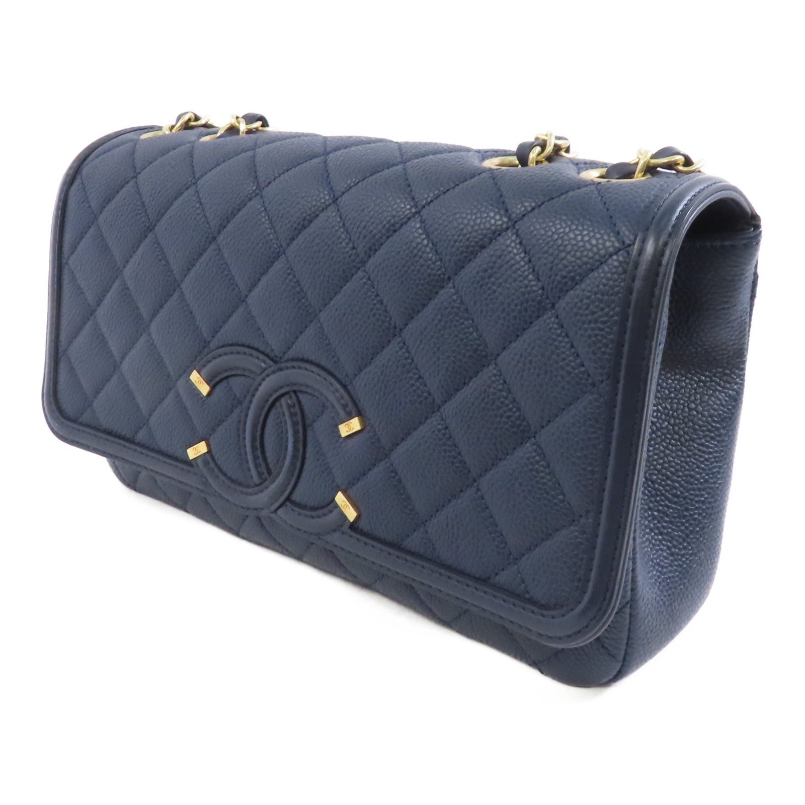 CHANEL 菱格牛皮皮革Chain Shoulder金扣鏈帶肩背袋深藍色
