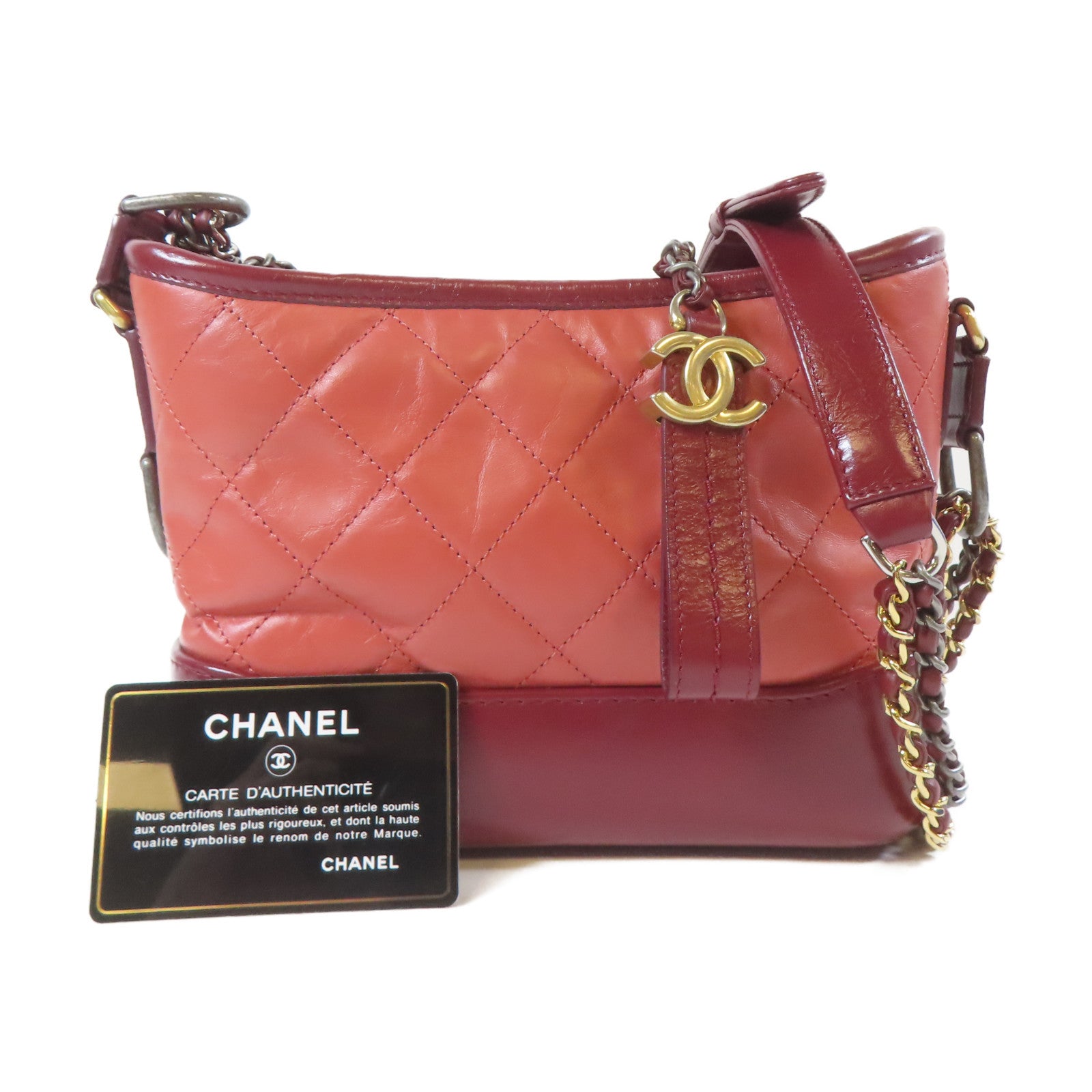 CHANEL 【激減優惠】菱格牛皮皮革Gabrielle Hobo Mini銀扣/金扣鏈帶肩背袋紅色