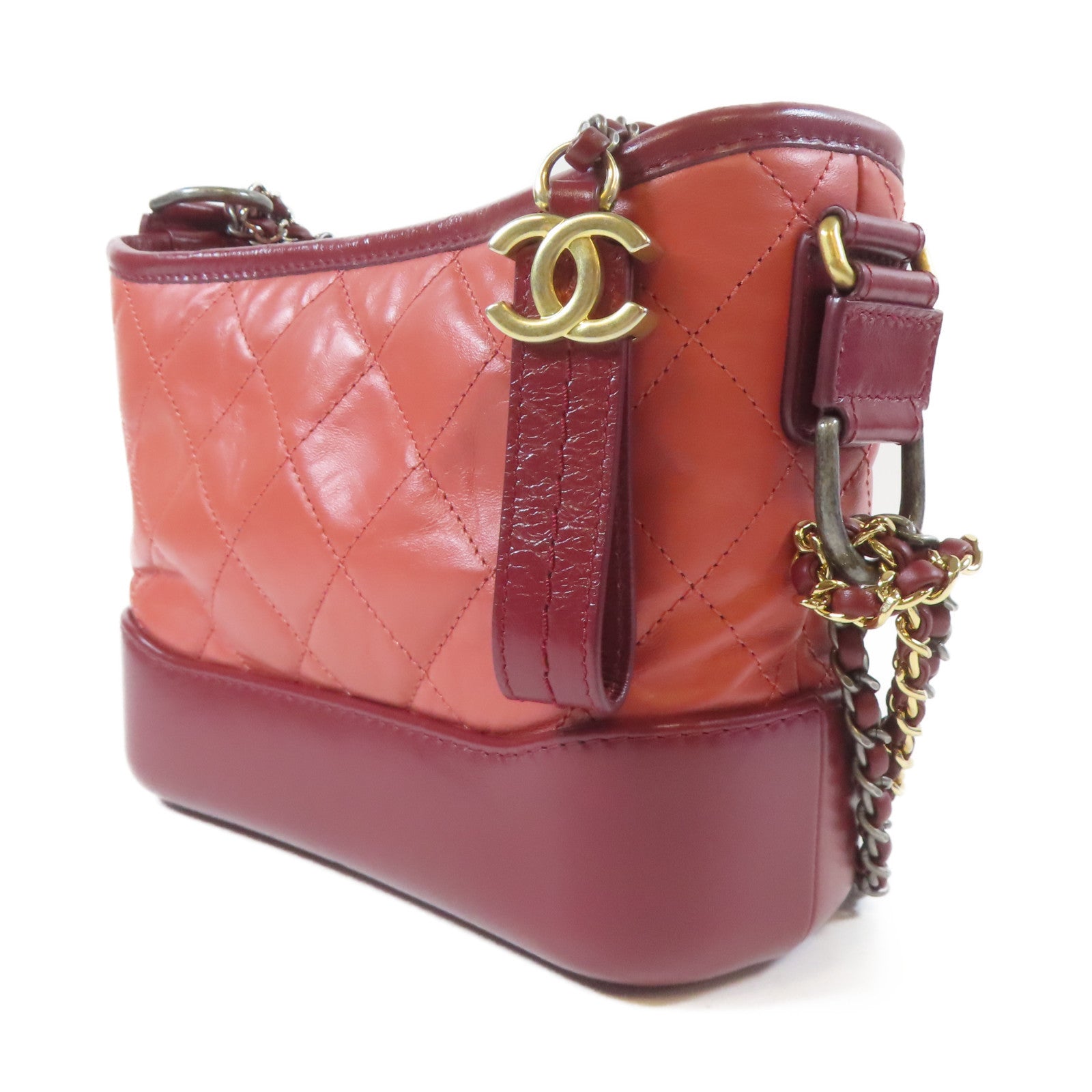 CHANEL 【激減優惠】菱格牛皮皮革Gabrielle Hobo Mini銀扣/金扣鏈帶肩背袋紅色