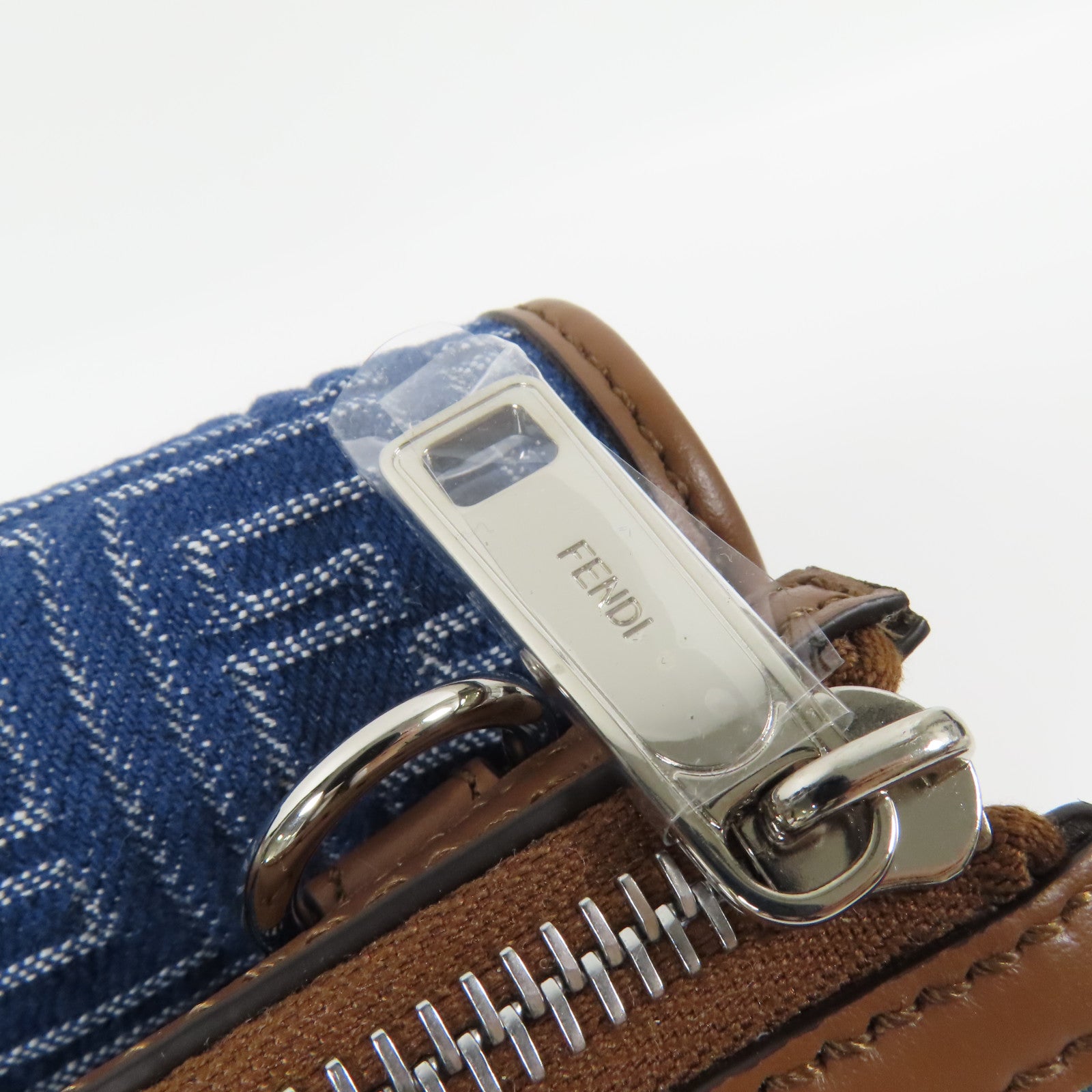 FENDI 帆布Double Baguette銀扣肩背袋藍色/棕色