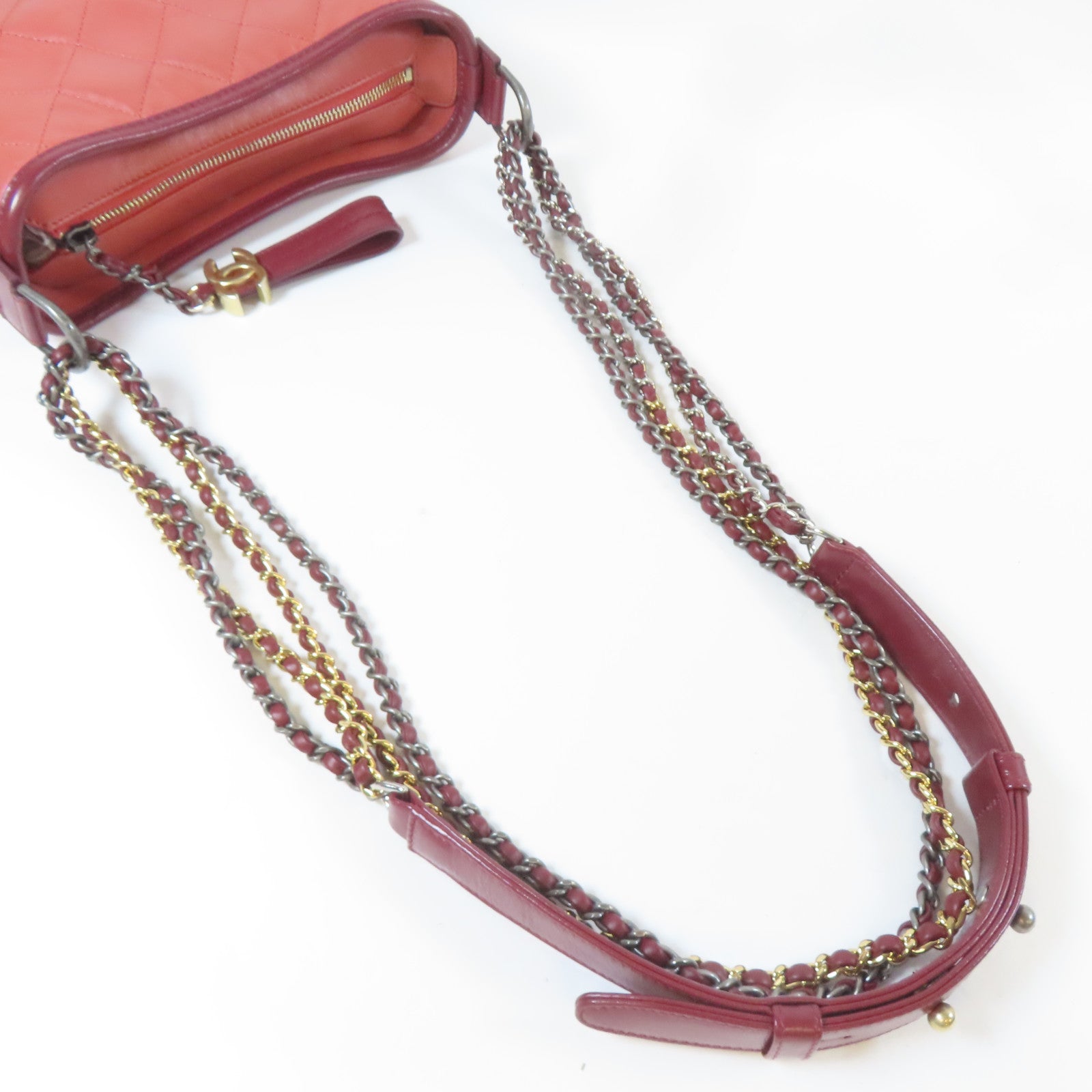 CHANEL 【激減優惠】菱格牛皮皮革Gabrielle Hobo Mini銀扣/金扣鏈帶肩背袋紅色