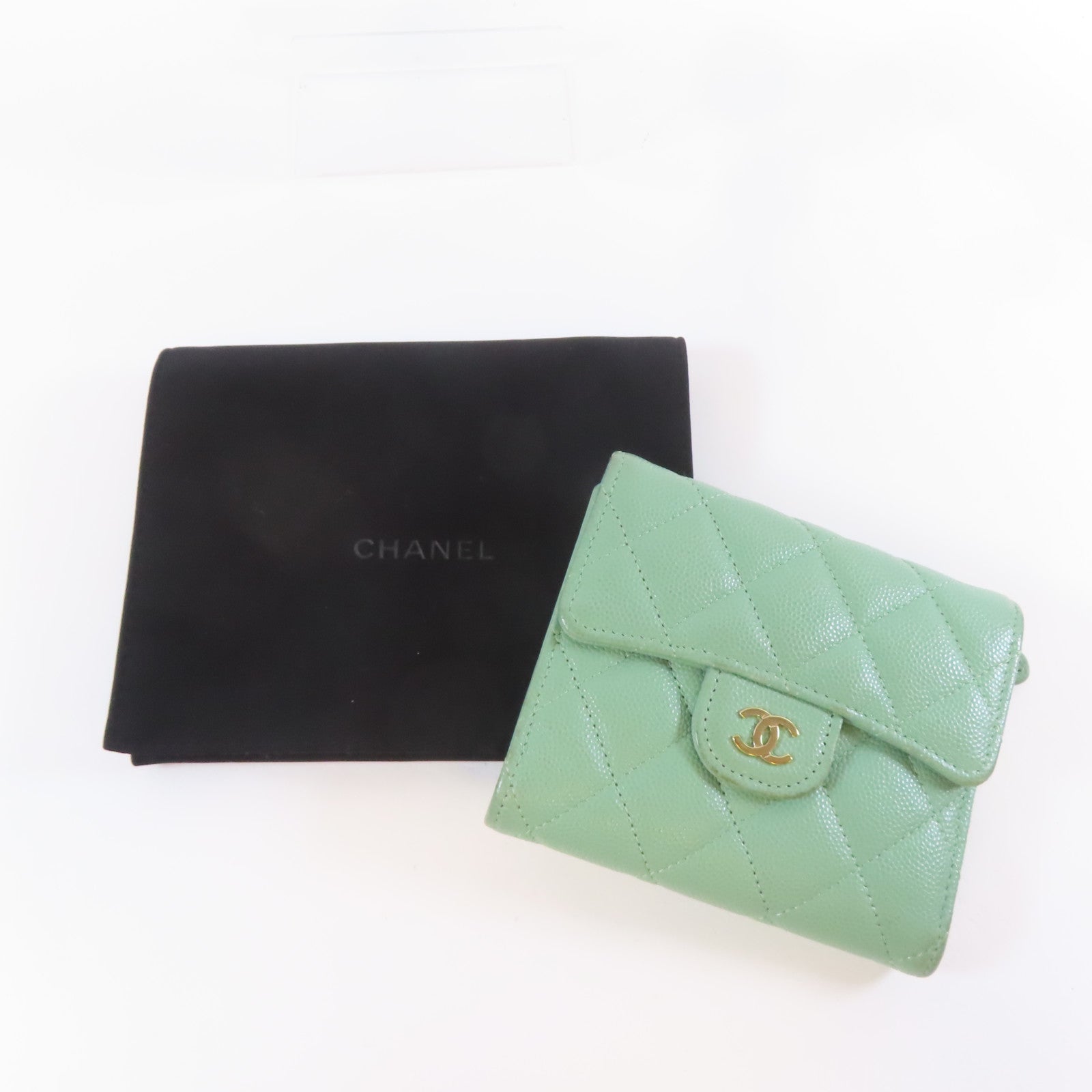 CHANEL 【清倉大減價】菱格牛皮皮革Wallet金扣啪鈕錢包綠色